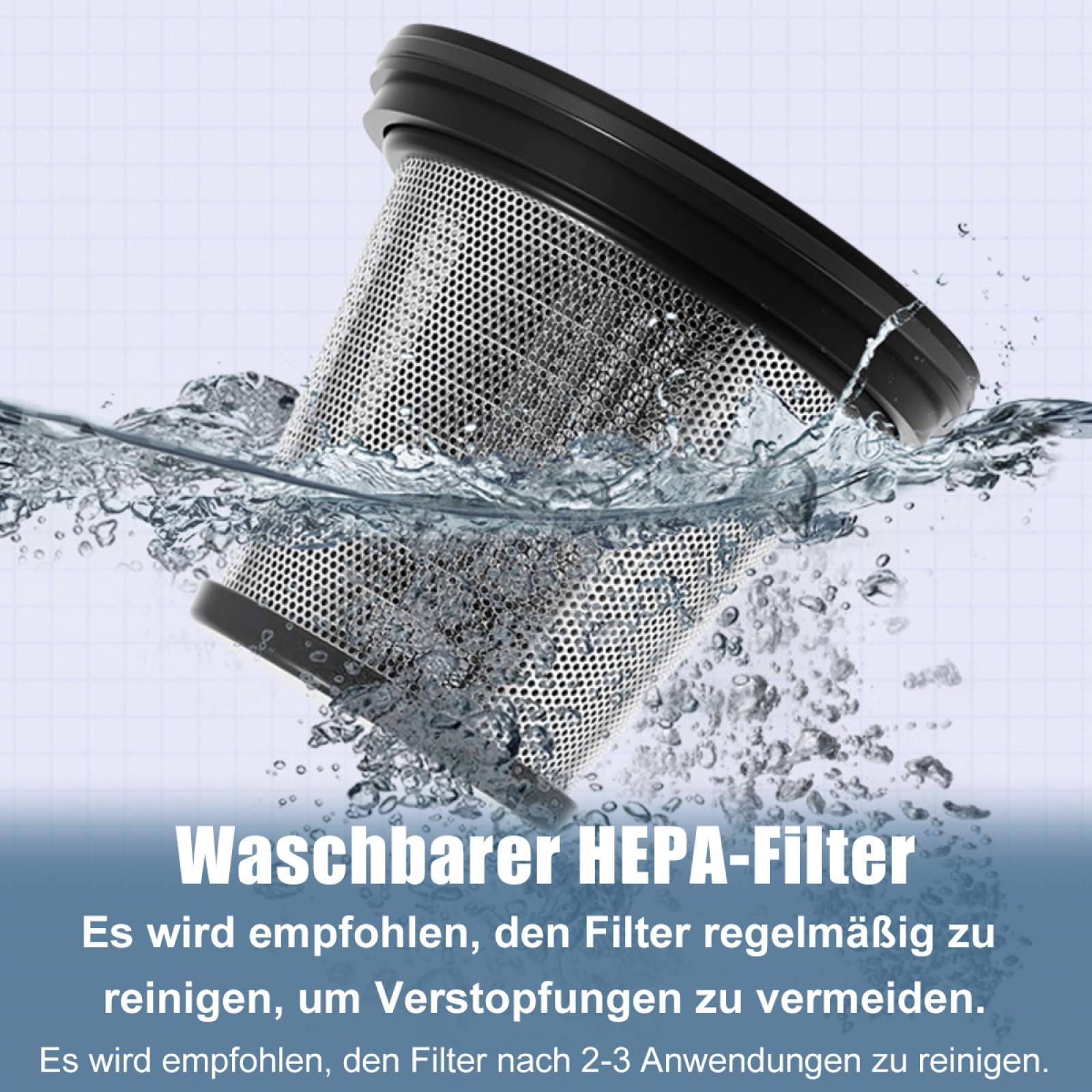Nahaufnahme eines Filters im Wasser mit Text über das Waschen und Reinigen des Filters.