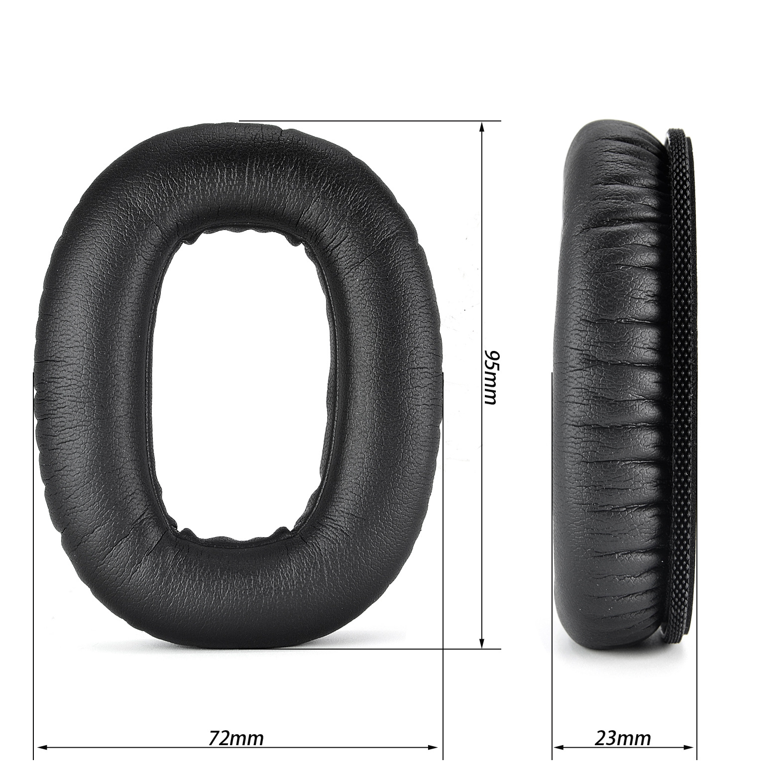 Due cuscinetti auricolari neri per cuffie, uno che mostra le dimensioni, su sfondo bianco.