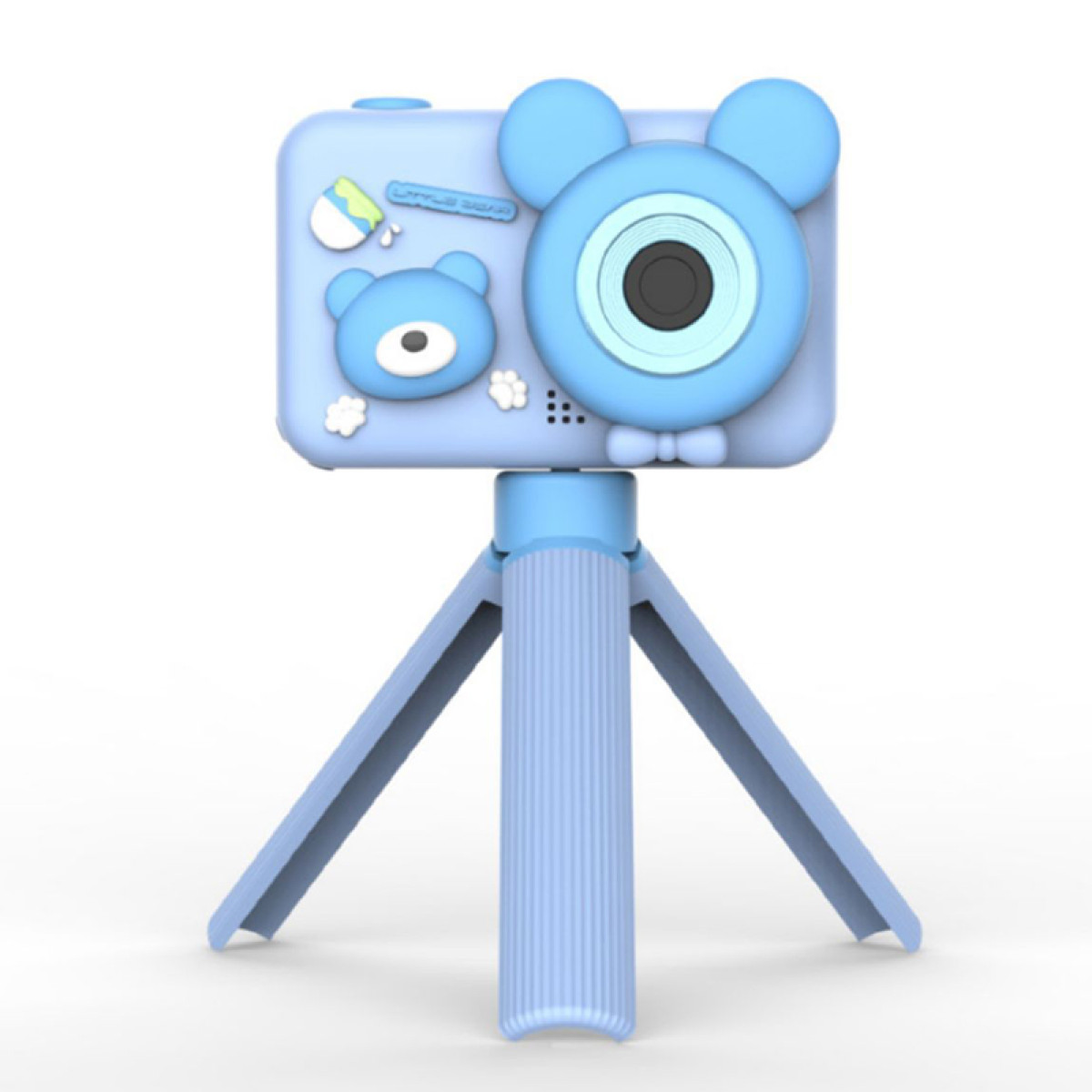 Blauwe speelgoedcamera met een berenontwerp op een standaard, witte achtergrond.