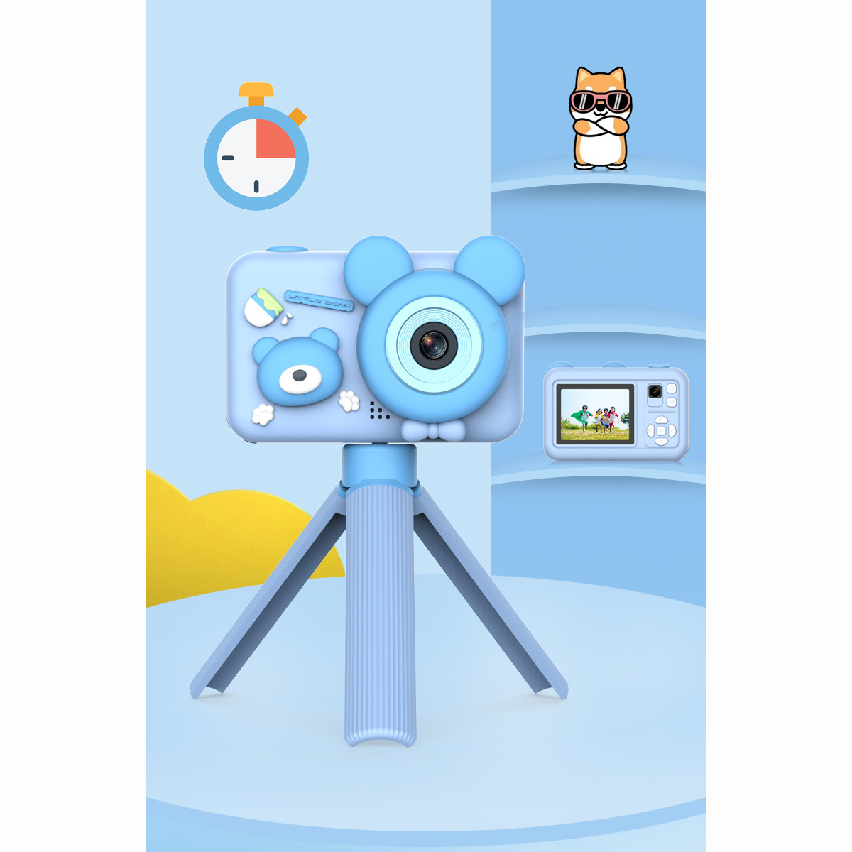Blauwe speelgoedcamera met een berenontwerp op een standaard met extra pictogrammen, witte achtergrond.