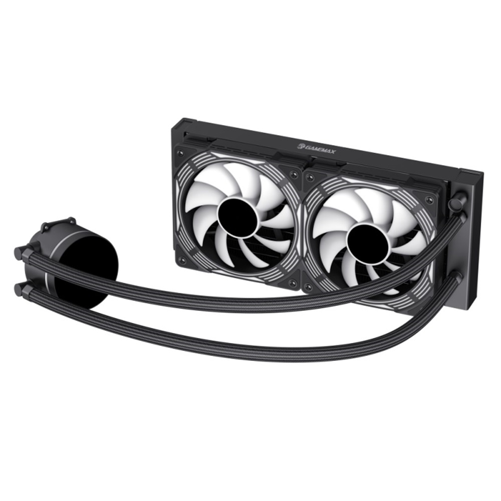 PC-Flüssigkeitskühler mit zwei Lüftern und Rohren.