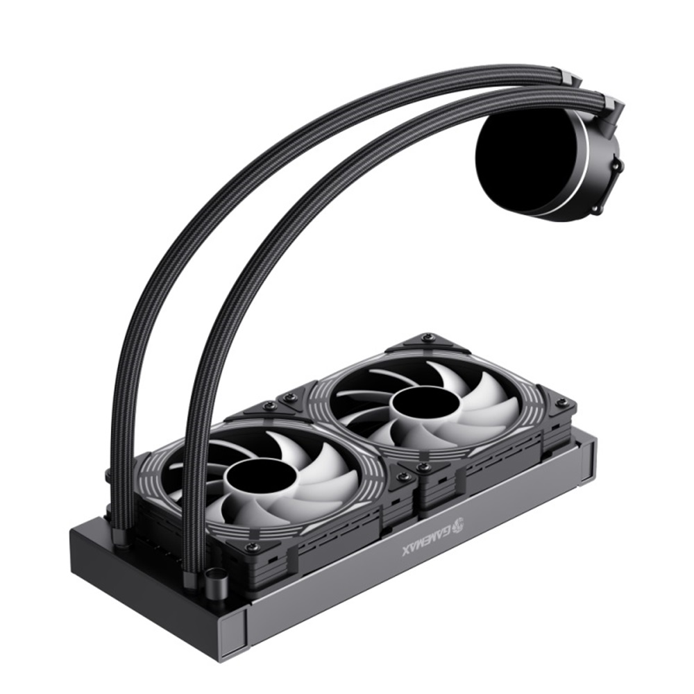 Ein schwarzes Wasserkühlsystem. Es hat zwei Lüfter. Die Schläuche verbinden sich rechts mit der Pumpe.