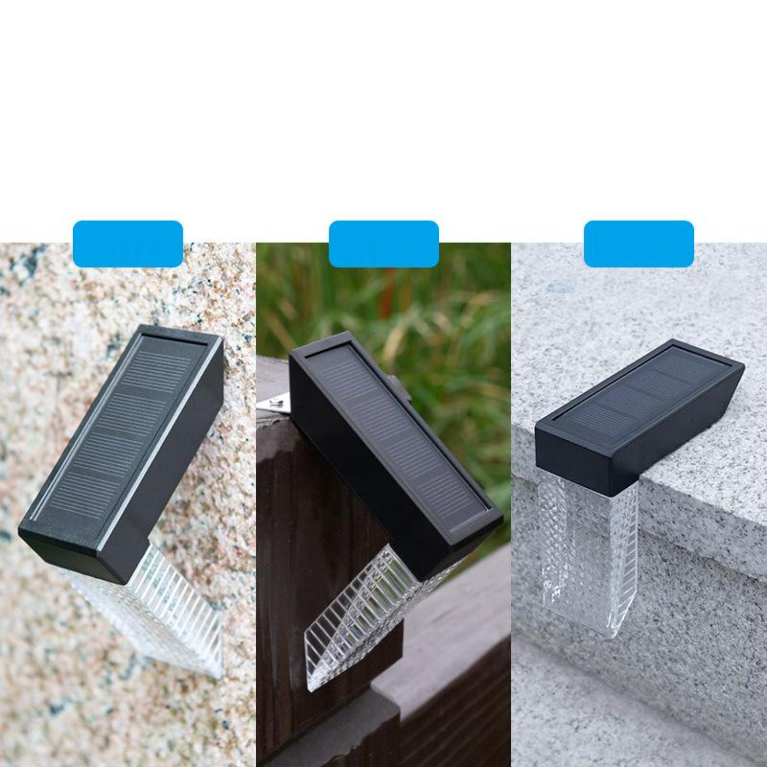 Drei Solar-Stufenleuchten an verschiedenen Oberflächen befestigt: Steinmauer, Holzzaun und Steinkante.