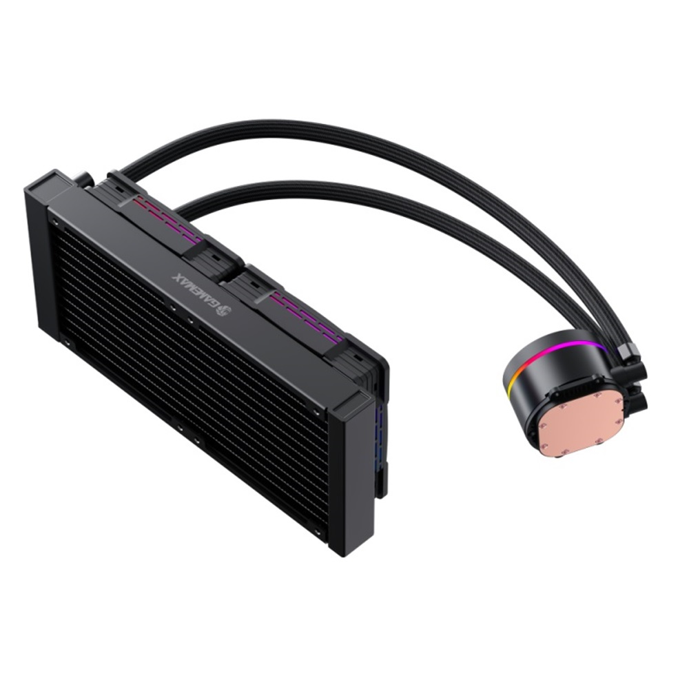 Flüssigkeitskühler für einen Computer, schwarz mit Radiator und rundem Kühlgerät, verbunden durch Schläuche.