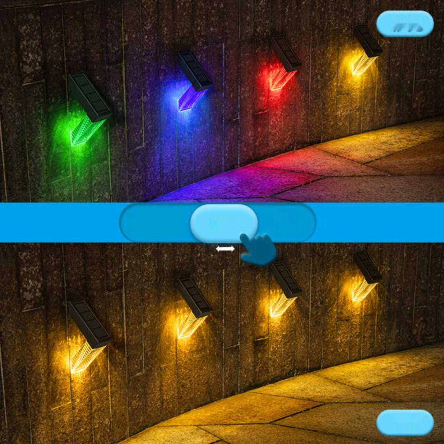 Eine Holzwand mit mehreren Solarlampen. Die Lichter wechseln von Grün zu Gelb die Farbe.