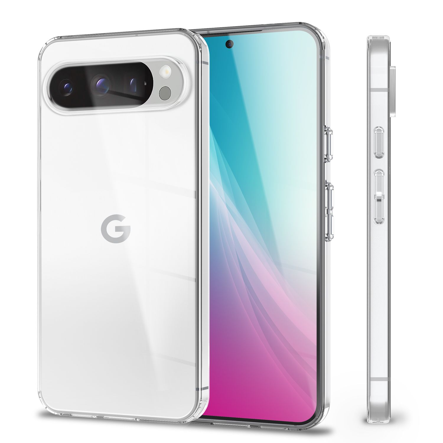 Ein weißes Telefon mit Kameradesign und drei Kameras. Es befindet sich in einer transparenten Hülle mit silbernem Rahmen.