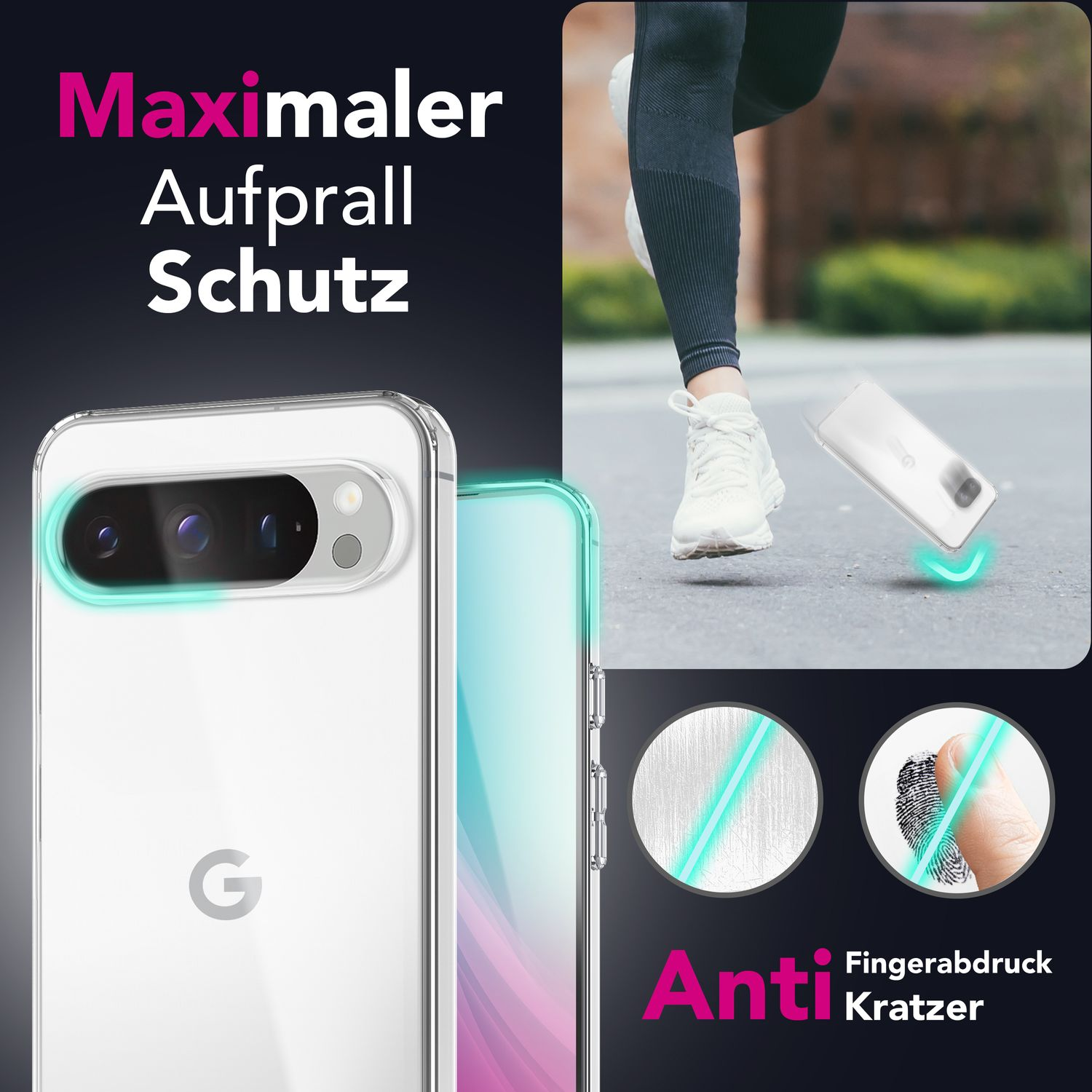 Ein Telefon in einer transparenten Hülle mit weißer Rückseite, in der Nähe des Beins eines Läufers platziert, Text über Anti-Kratzer und Fingerabdruck.