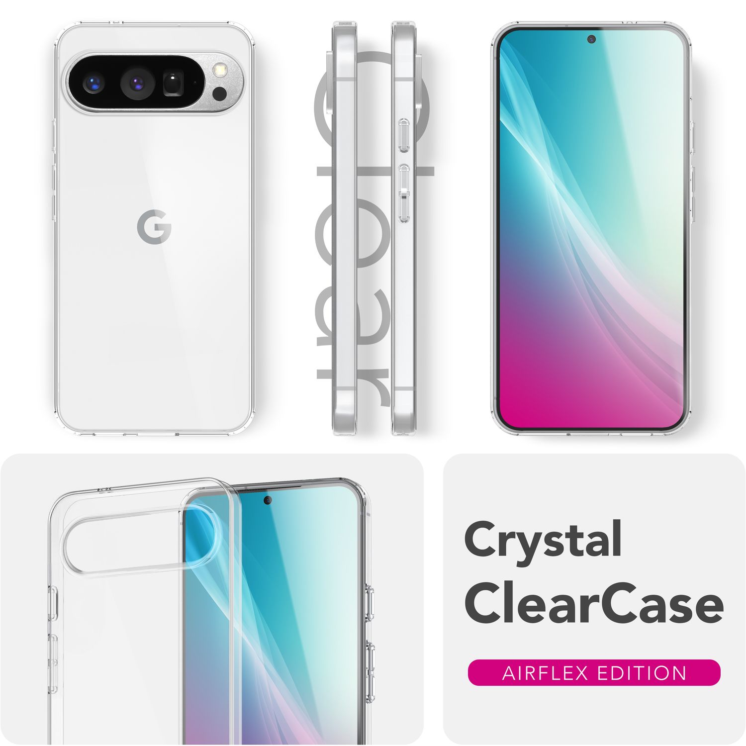 Transparente Handyhülle mit mehreren Ansichten, die Vorder-, Rück- und Seite zeigen, mit einem Telefon darin, Textüberlagerung.