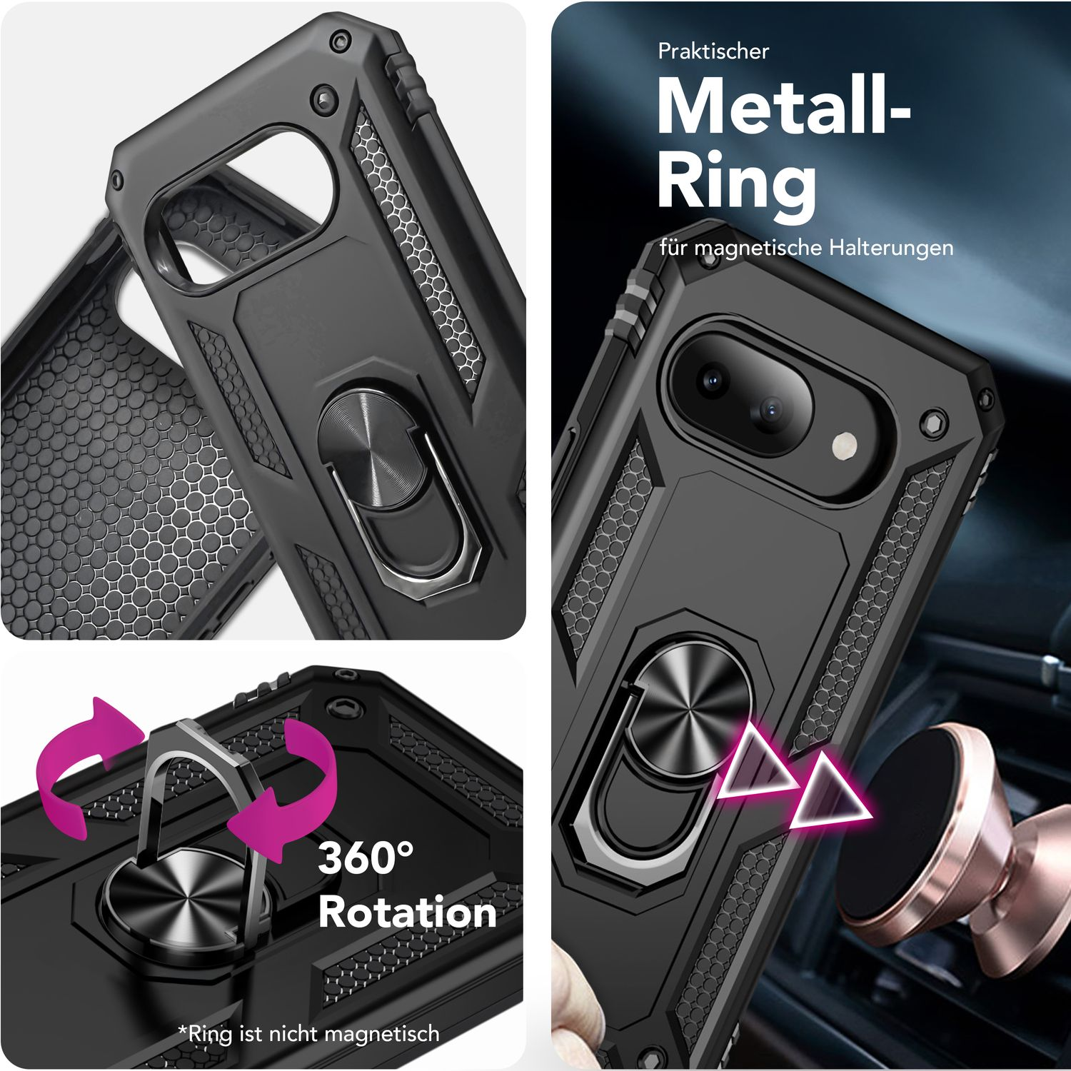 Schwarze Handyhülle mit Metallring, 360°-Drehung und Wabenmuster, in verschiedenen Ansichten dargestellt.