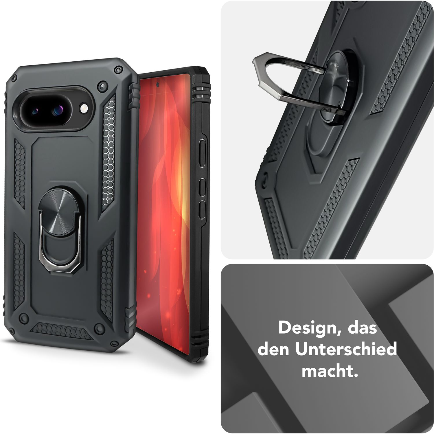 Schwarze Telefonhüllen mit Ring, eine zeigt den Telefonbildschirm.