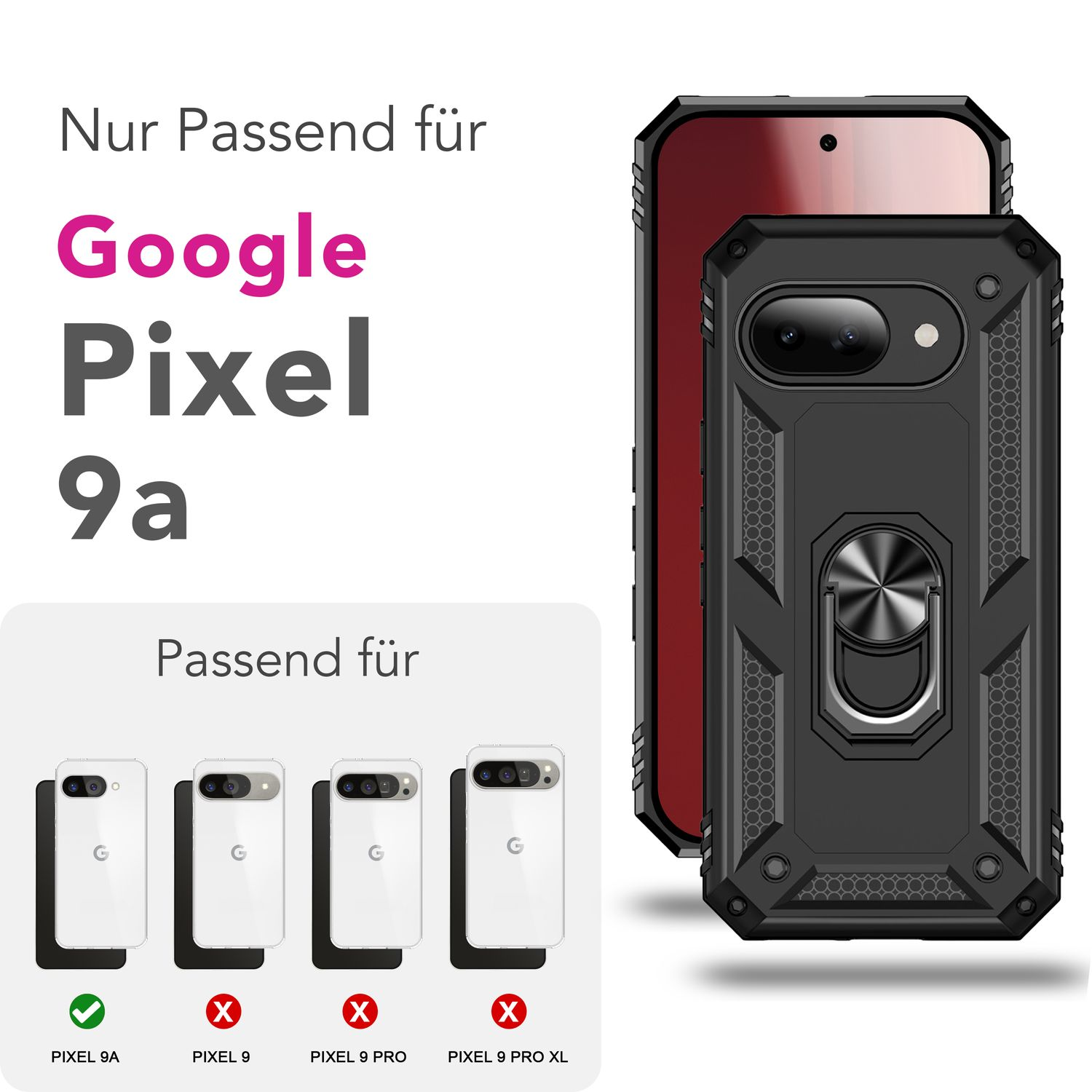 Schwarze Handyhülle mit Ring, gezeigt mit Google Pixel 9a und anderen Modellen.