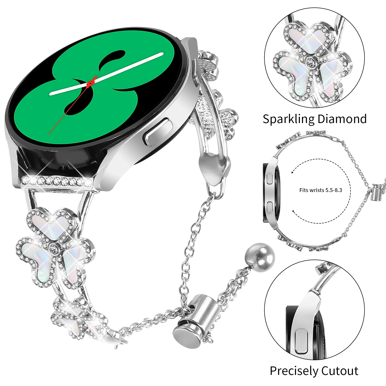Silbernes Uhrenarmband mit Blumen und Kette, mit Zifferblatt an der Uhr.
