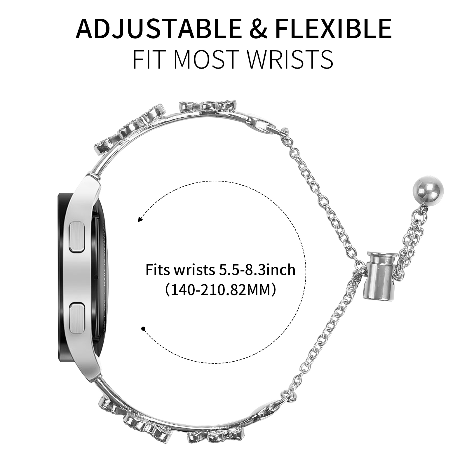 Silbernes Uhrenarmband mit Blumen und Kette, an einer Uhr befestigt.