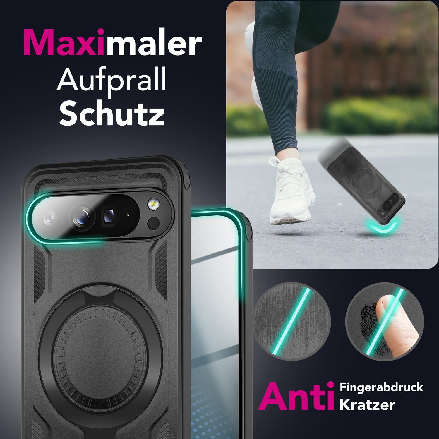 Eine schwarze Handyhülle mit Text und dem Bein und Schuh einer Person im Hintergrund.