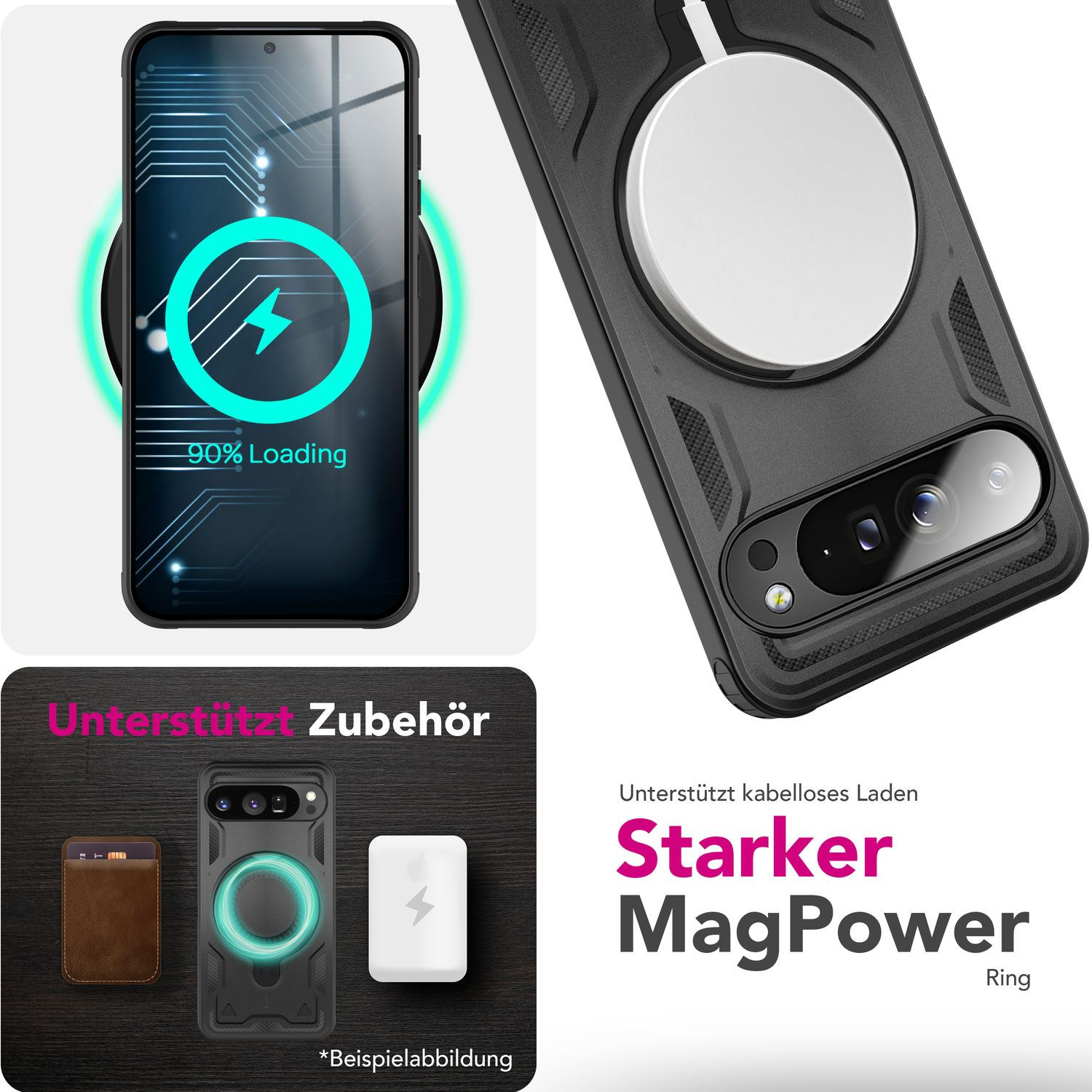Schwarzes Telefon mit MagPower-Ring, unterstützt Zubehör und zeigt einen Ladebildschirm.