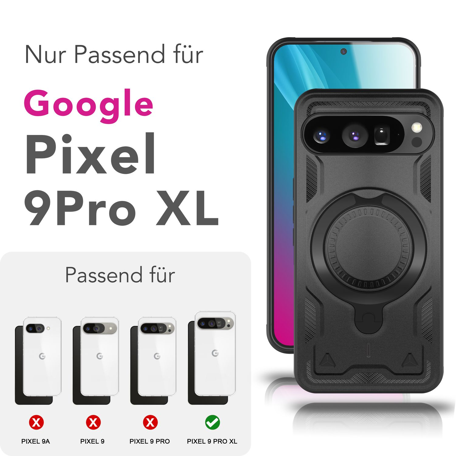 Una custodia per telefono accanto a un telefono. Il testo specifica la compatibilità con Google Pixel 9 Pro XL. Altri telefoni sono sbarrati.