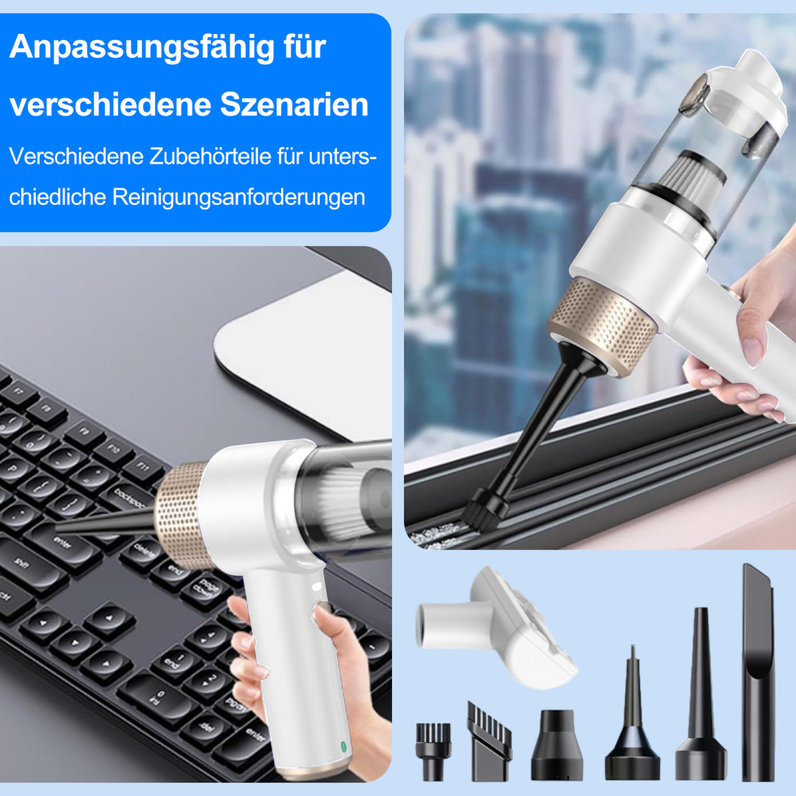 Eine Hand hält einen Staubsauger in der Nähe einer Tastatur. Verschiedene Düsen sind abgebildet, mit Text über verschiedene Szenarien.