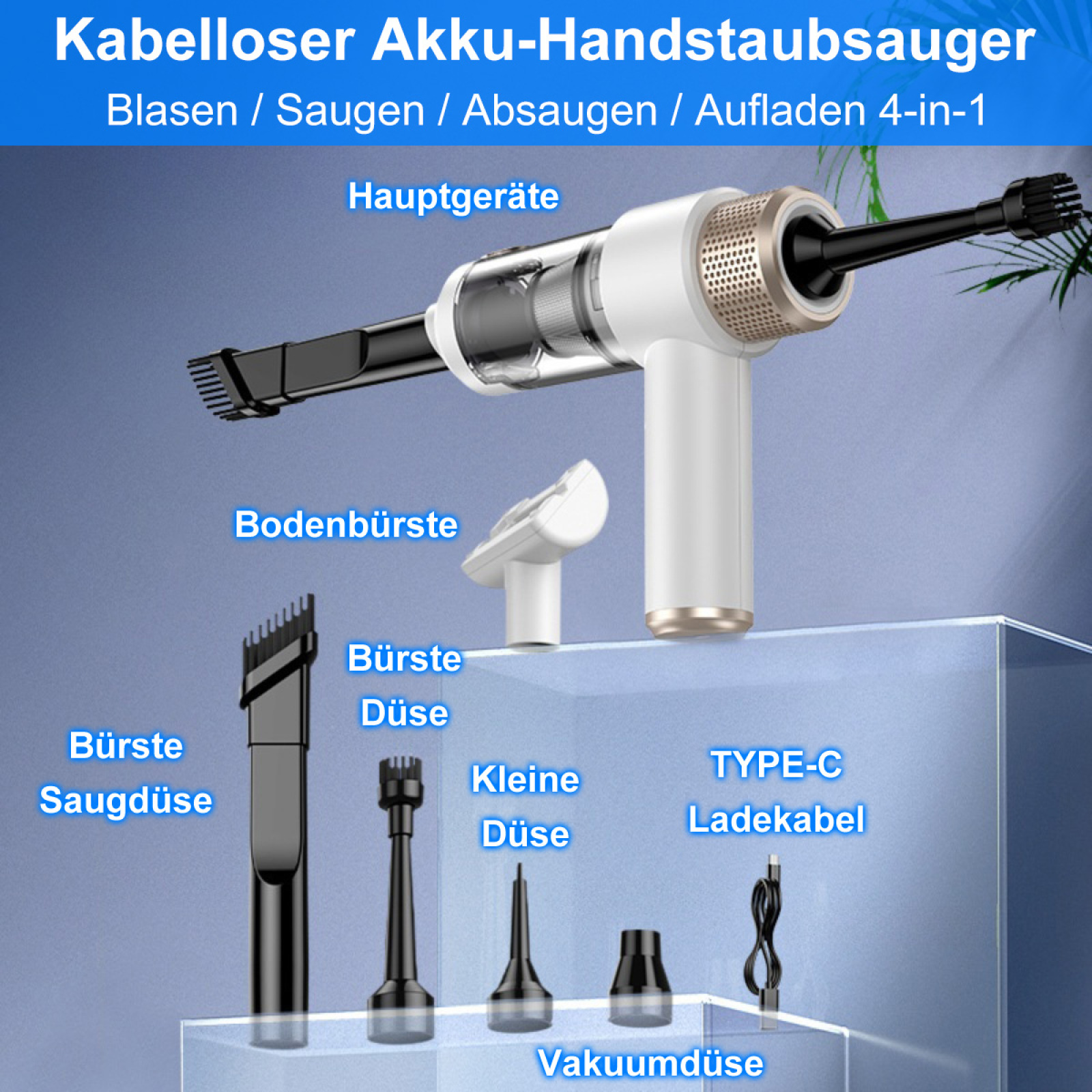 Ein Handstaubsauger mit Aufsätzen. Enthält eine Haupteinheit und verschiedene Düsen. Text beschreibt seine Funktionen.