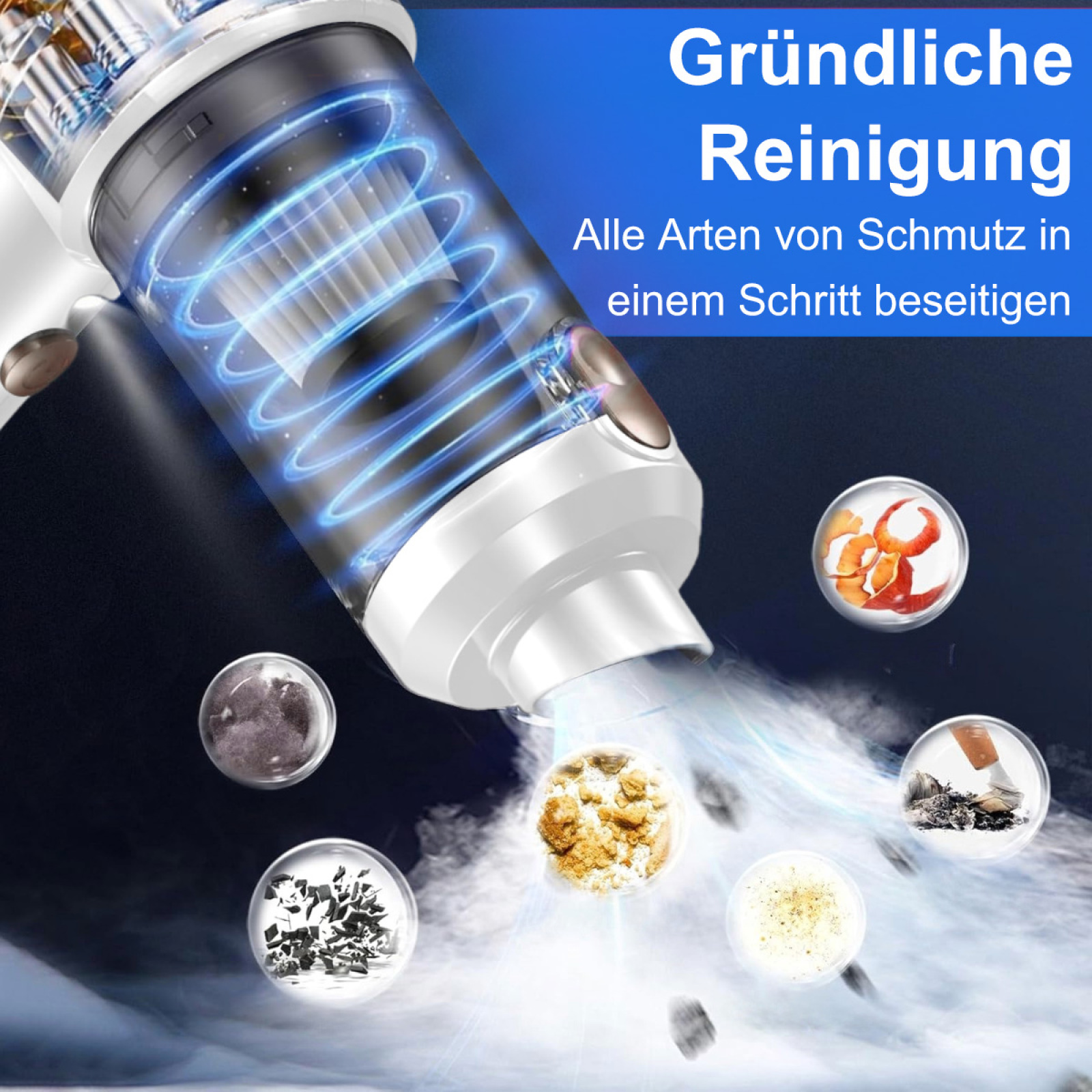 Ein Staubsauger reinigt verschiedene Arten von Schmutz und hebt seine gründlichen Reinigungsfähigkeiten hervor.