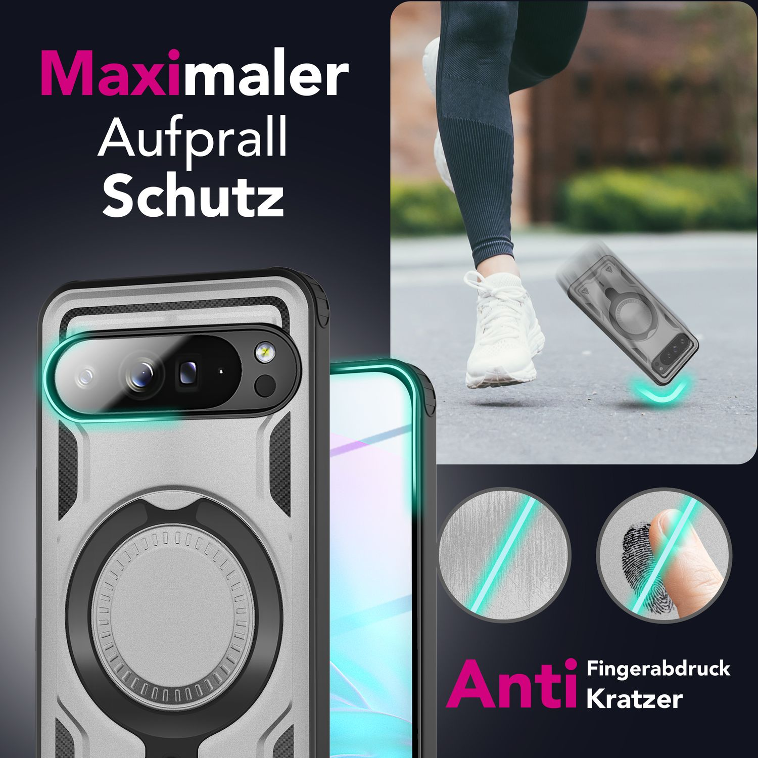 Una custodia per telefono accanto a una gamba che indossa una sneaker. Un'impronta digitale e del testo sull'antigraffio sono mostrati.