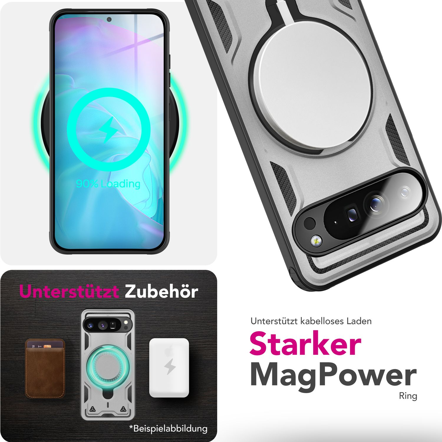 Un telefono in carica wireless, con una custodia MagPower Ring. Inoltre, un'immagine mostra gli accessori per la custodia.