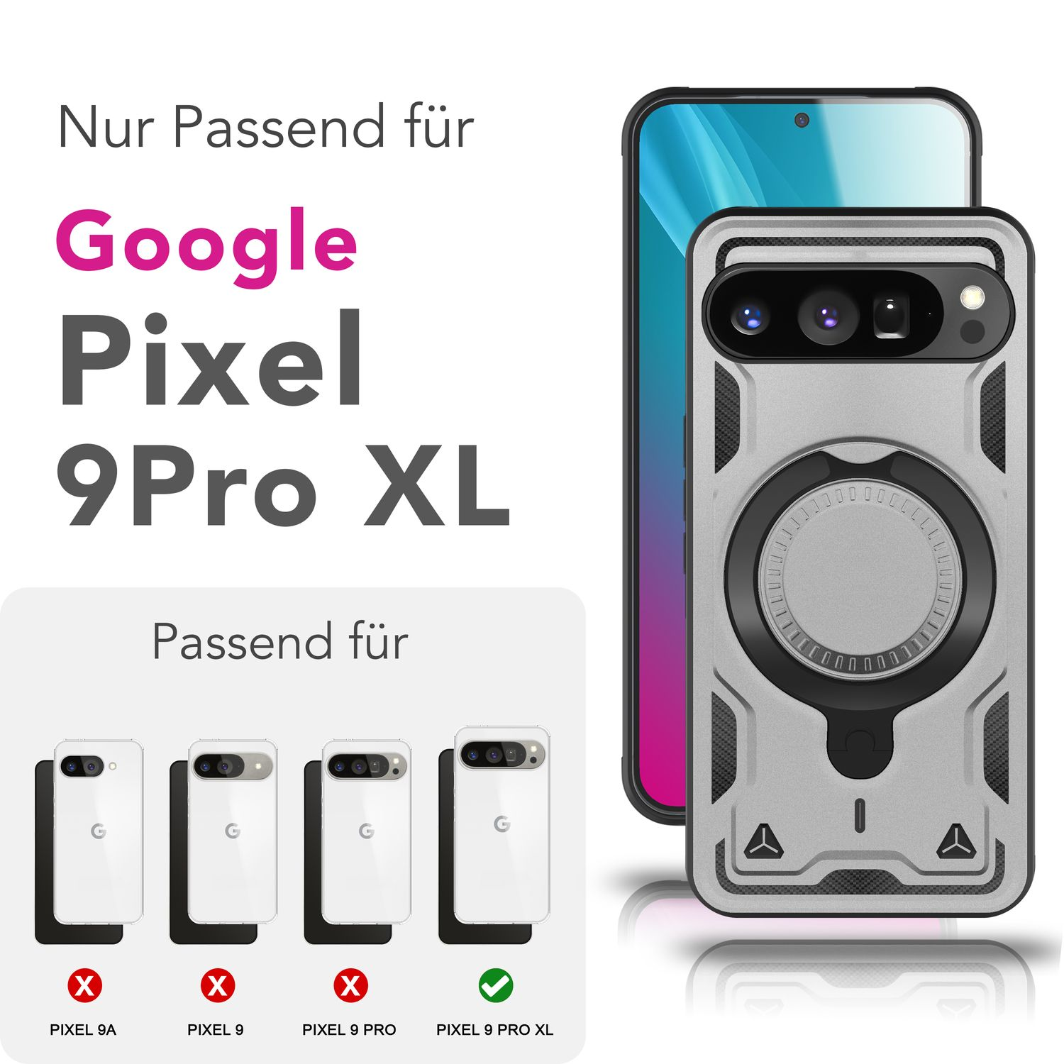 Custodia nera con anello, accanto a un telefono. Il testo indica la compatibilità con Google Pixel 9 Pro XL.