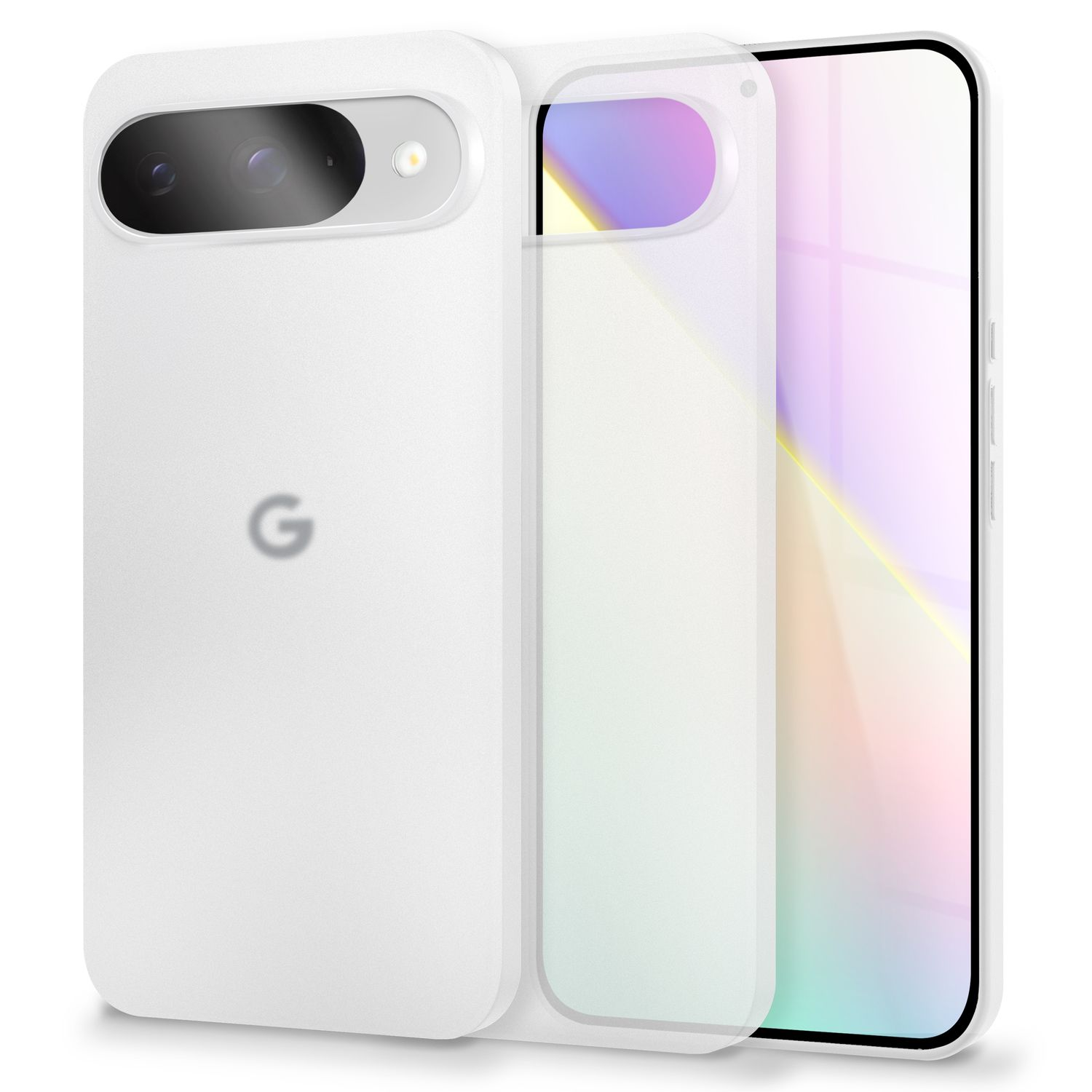 Eine weiße Handyhülle mit einem Telefon. Die Hülle hat einen Kameraausschnitt und das Google-Logo.