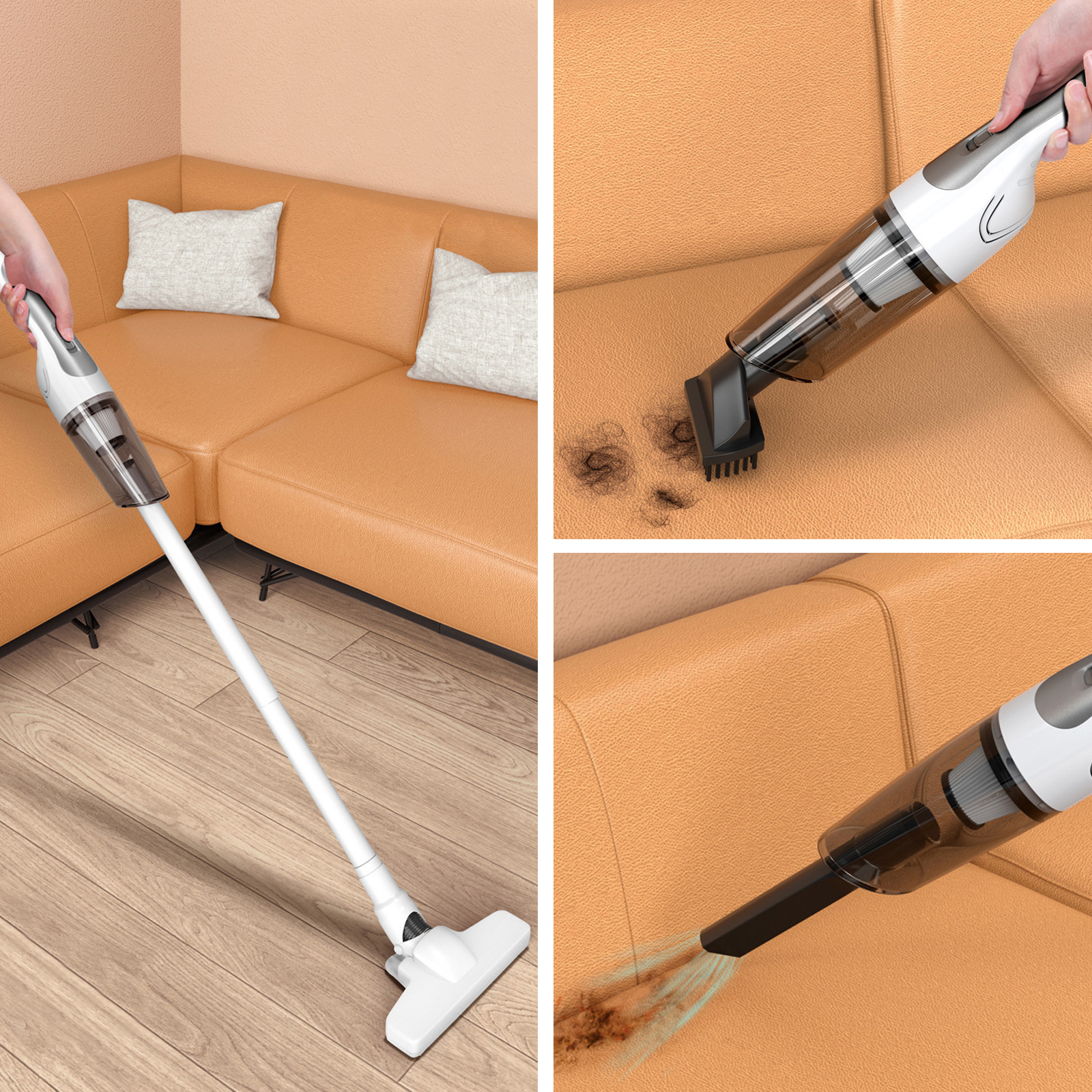 Ein Handstaubsauger reinigt ein Sofa und einen Boden. Mehrere Ansichten zeigen den Staubsauger in Gebrauch.