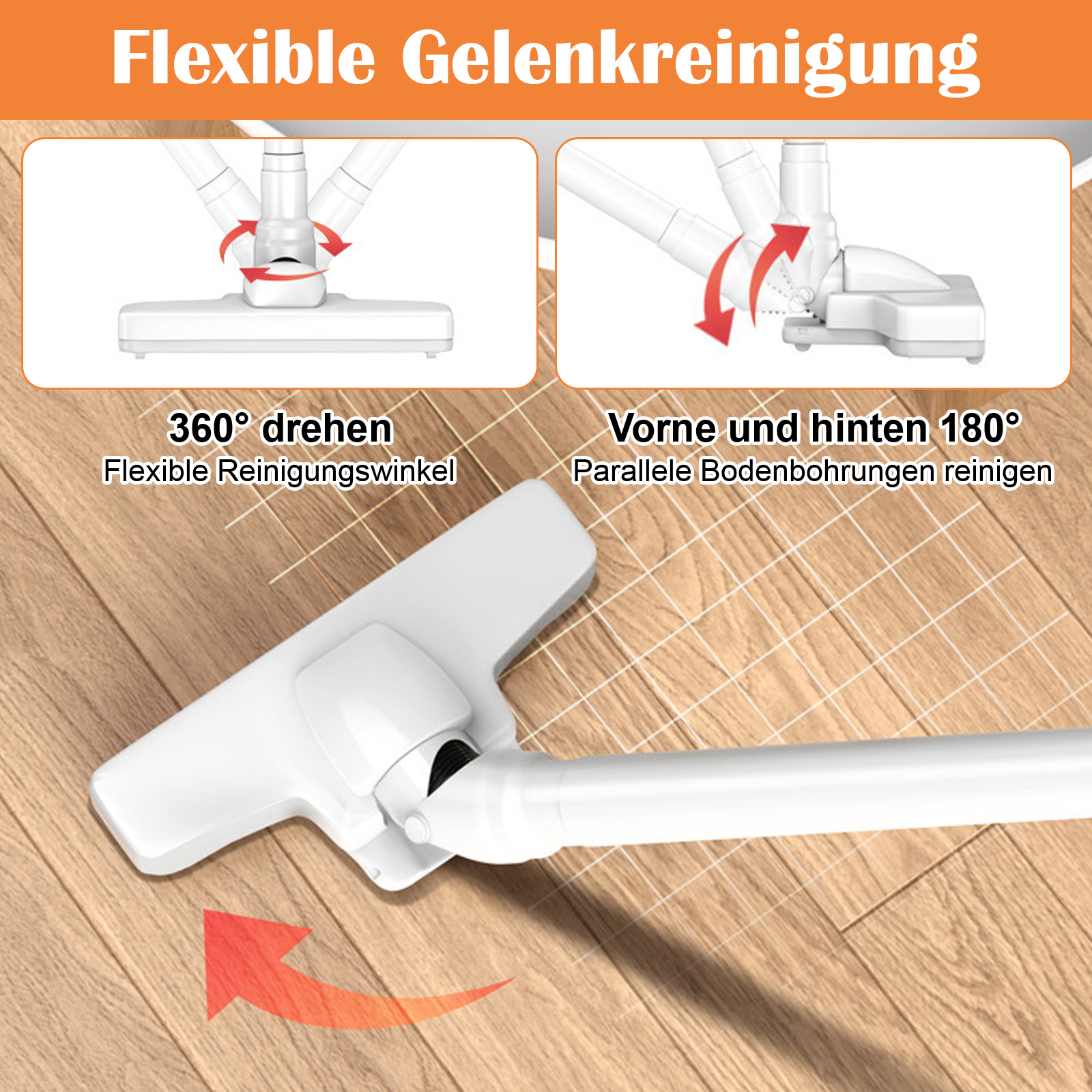 Nahaufnahme eines Staubsaugerkopfes, der ein flexibles Gelenk zur Reinigung zeigt. Es zeigt eine 360-Grad-Drehung.