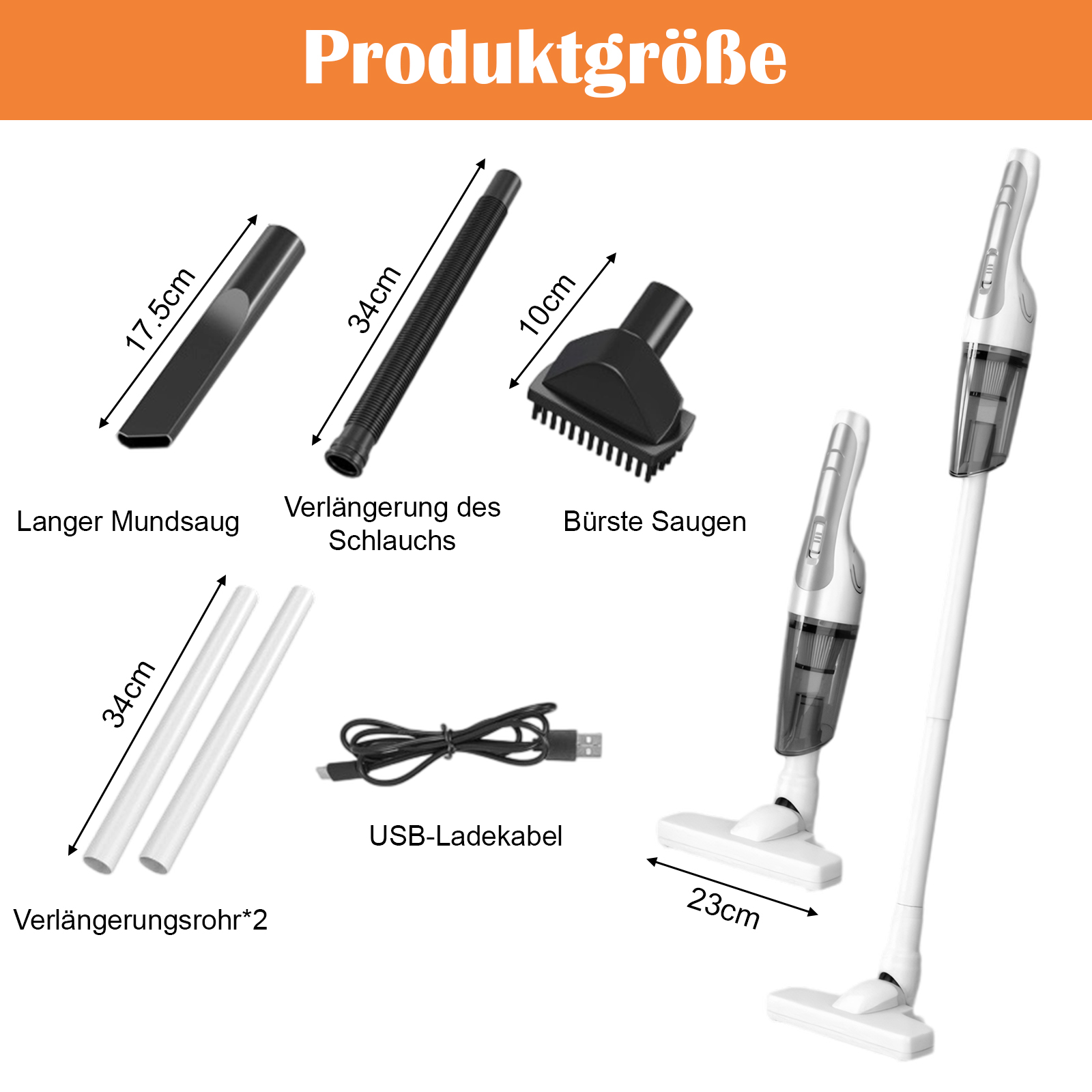 Staubsaugeraufsätze, darunter eine lange Düse, Verlängerungsrohre und eine Bürste, werden mit Abmessungen angezeigt.