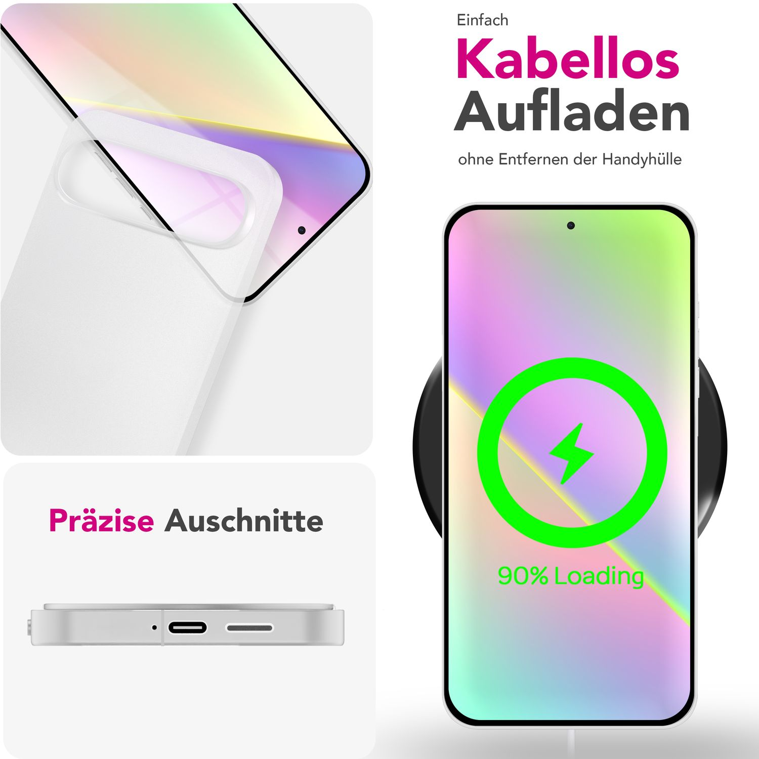 Ein Smartphone, das drahtlos auf einem Ladepad geladen wird. Der Bildschirm zeigt eine Ladeanzeige von 90%.