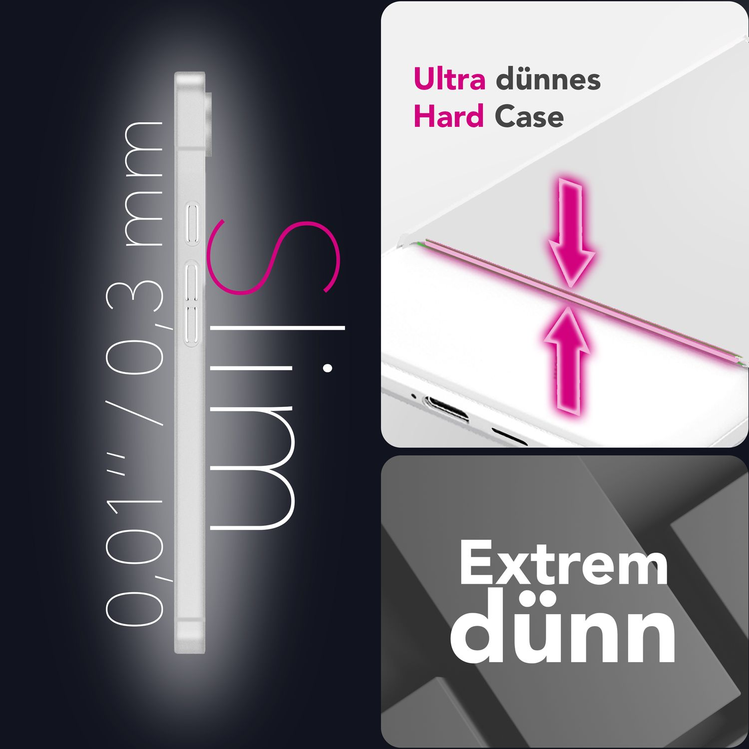 Eine Handyhülle und ein Telefon. Die Hülle ist ultradünn und hat eine Abmessung von 0,01" / 0,3 mm. Sie ist schlank.