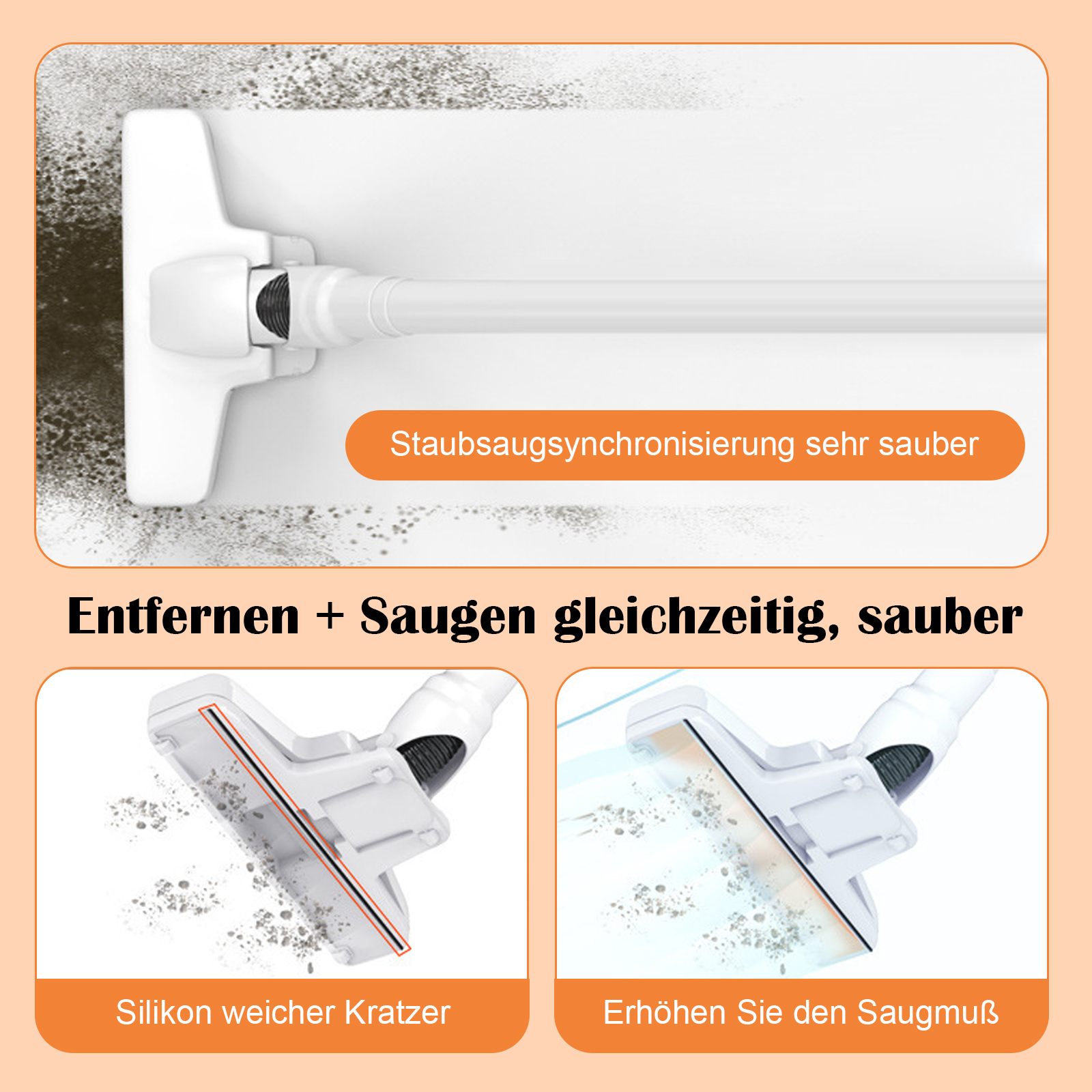 Nahaufnahmen eines Staubsaugers, der Oberflächen reinigt. Eines zeigt einen Boden, das andere ein Fenster.