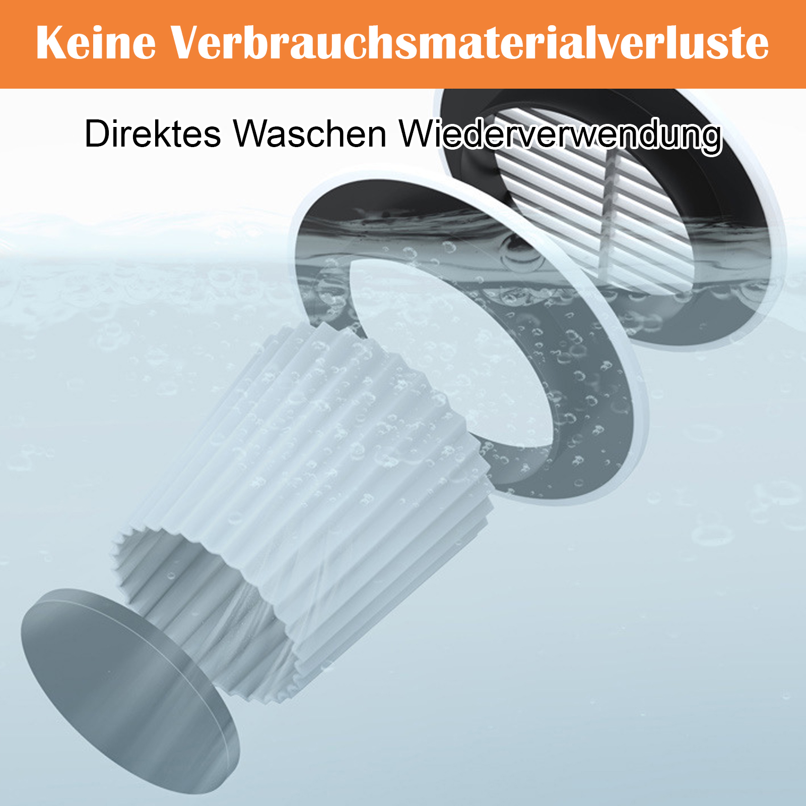 Ein zerlegter Staubsaugerfilter mit deutschem Text. Der Filter ist weiß und zylindrisch.