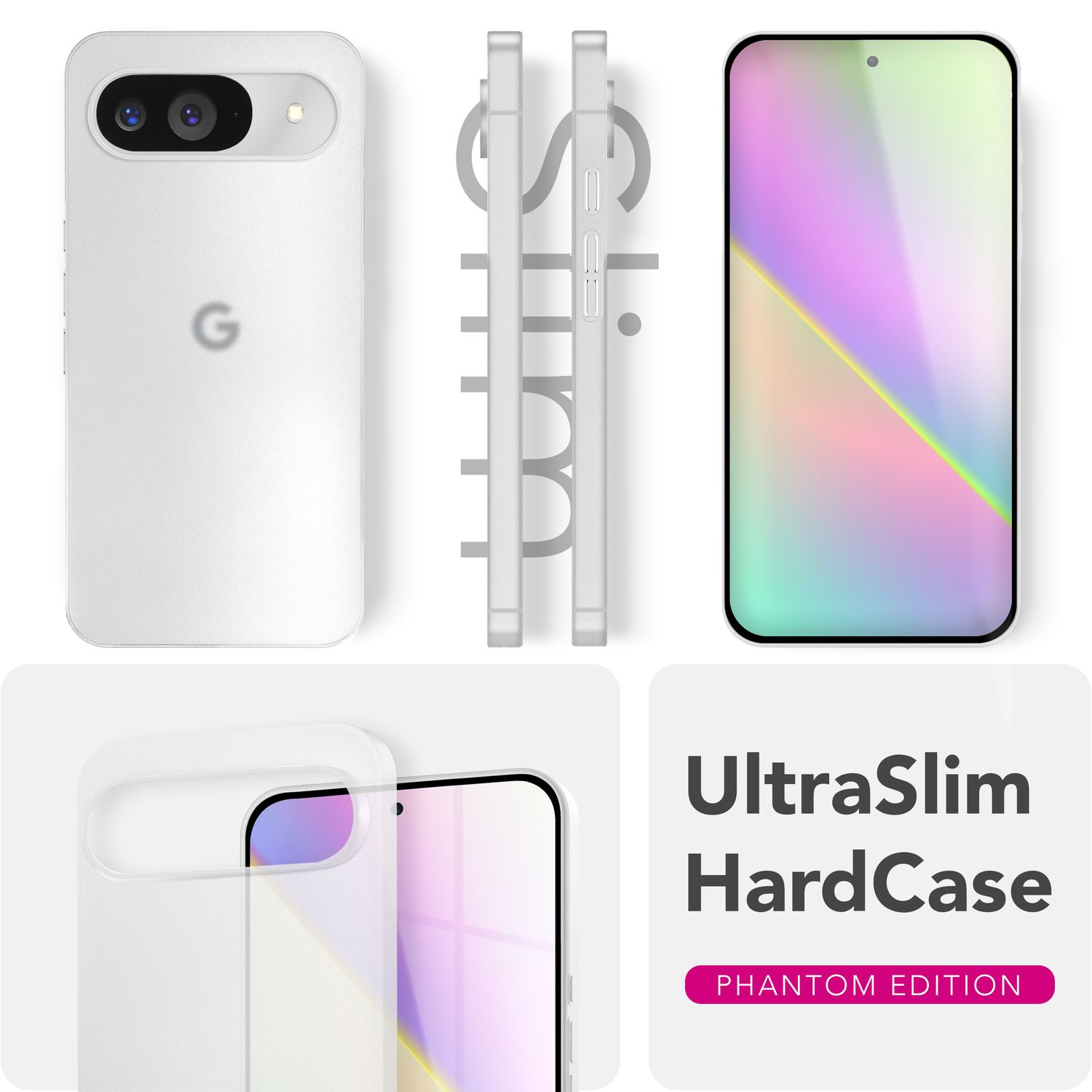 Mehrere Ansichten eines weißen Smartphones mit minimalistischem Design. Es hat eine Dual-Kamera und einen Bildschirm.