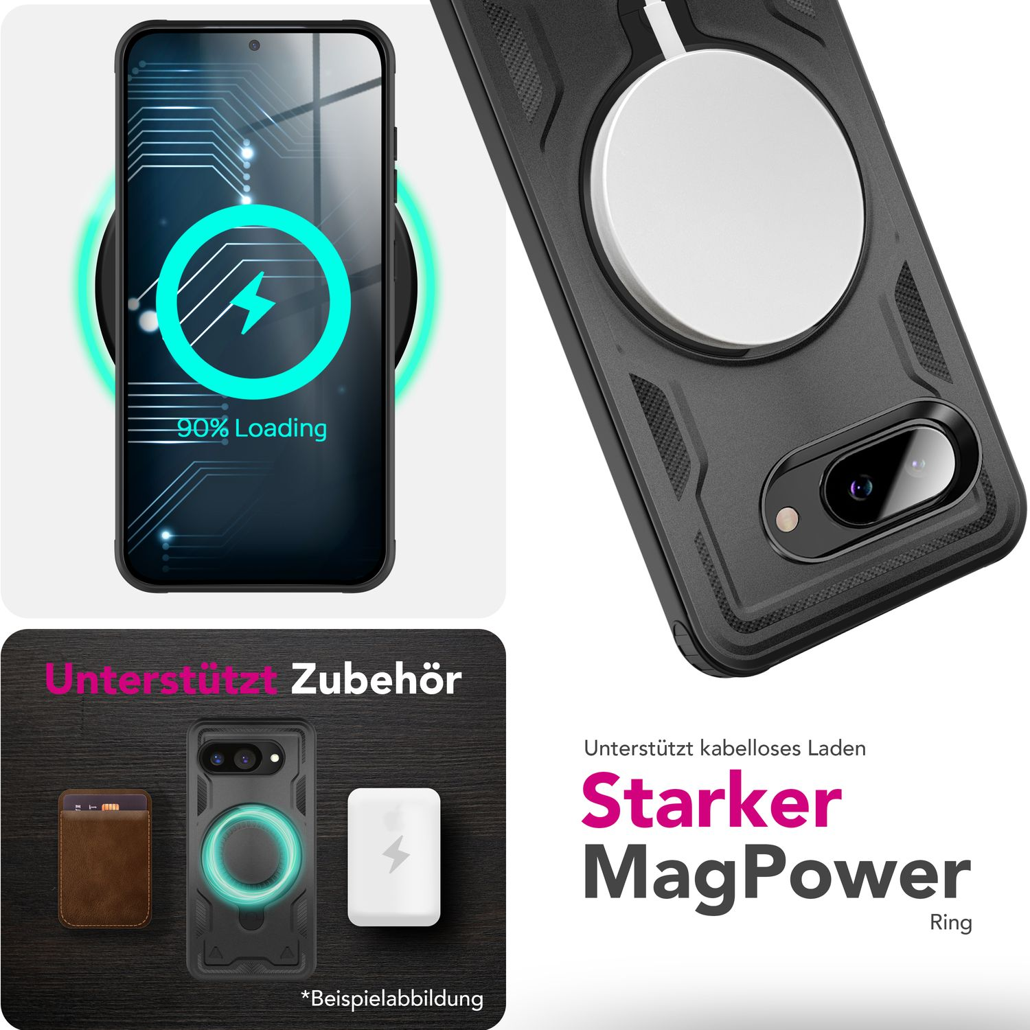 Un telefono in carica wireless con una custodia MagPower Ring. Lo schermo mostra un indicatore di carica del 90%.