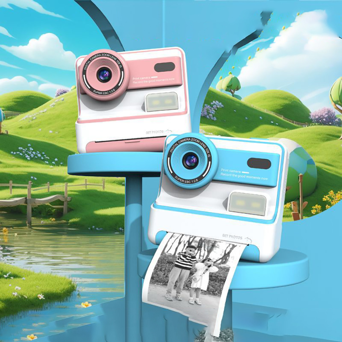 Twee speelgoedcamera's, één roze, één blauw, foto's afdrukken. Groene heuvels en een meer op de achtergrond.
