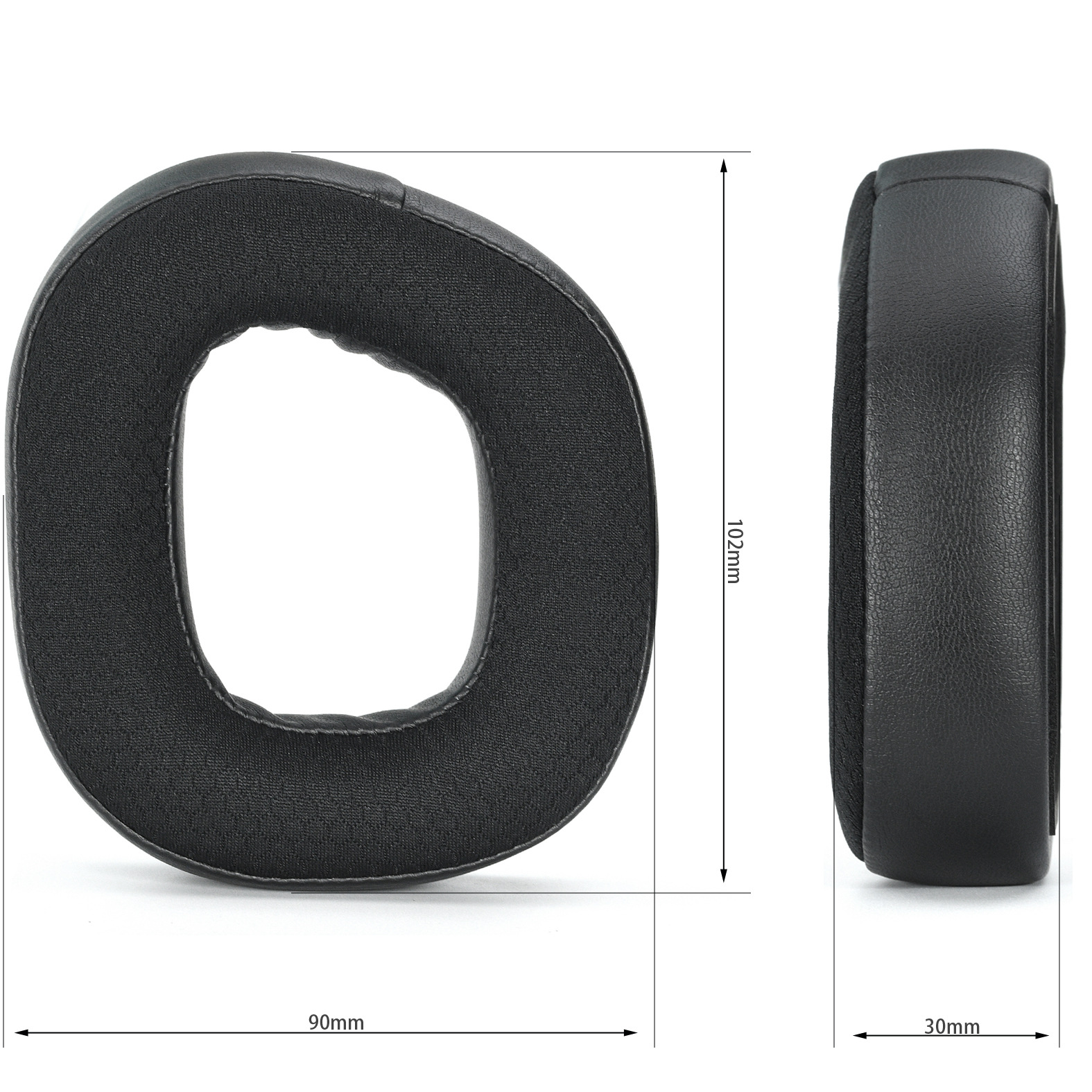 Cuscinetto auricolare nero con dimensioni: 90mm, 102mm, 30mm, viste laterali e frontali.