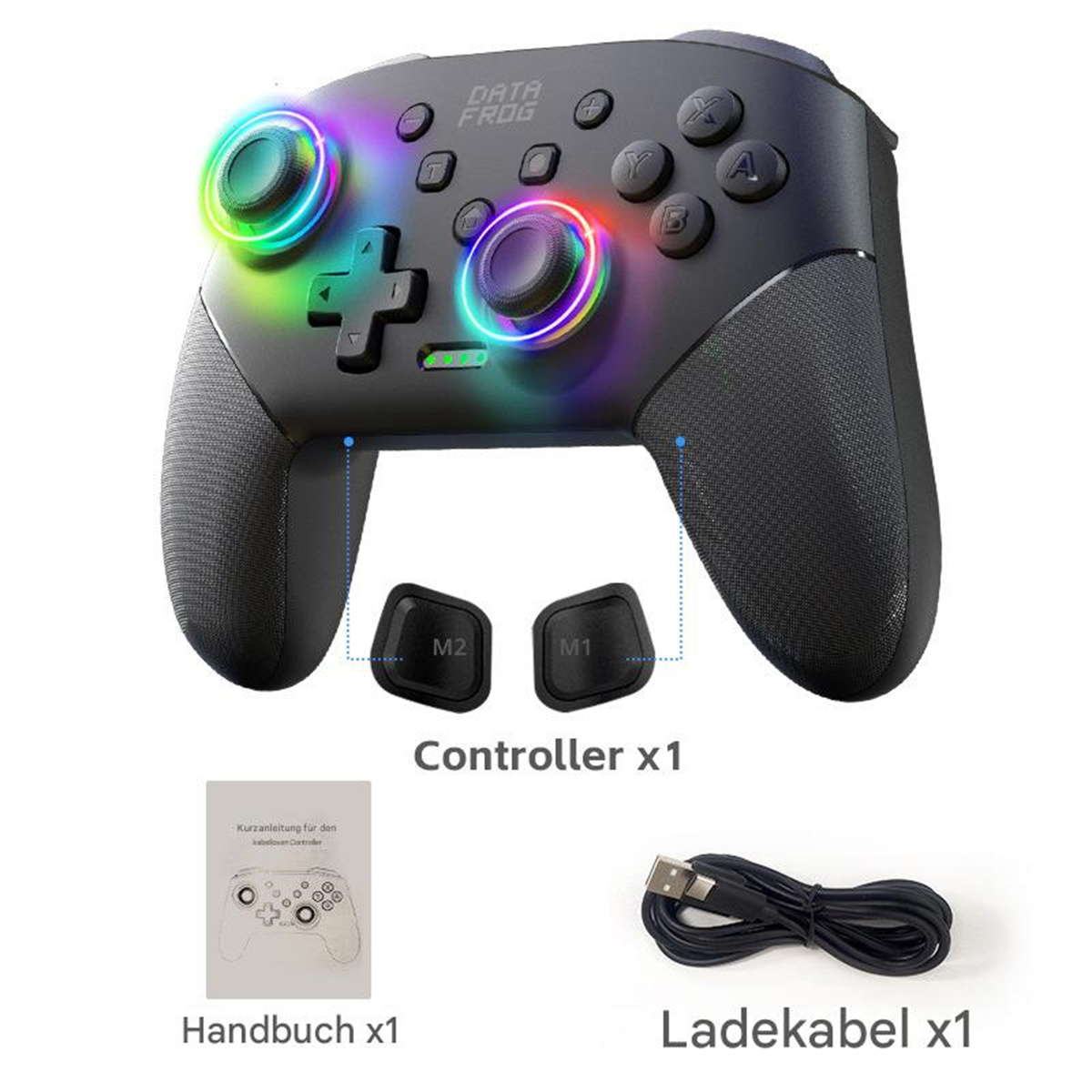 Schwarzer Gamecontroller mit Zubehör: Handbuch, Kabel, M1, M2 Tasten.