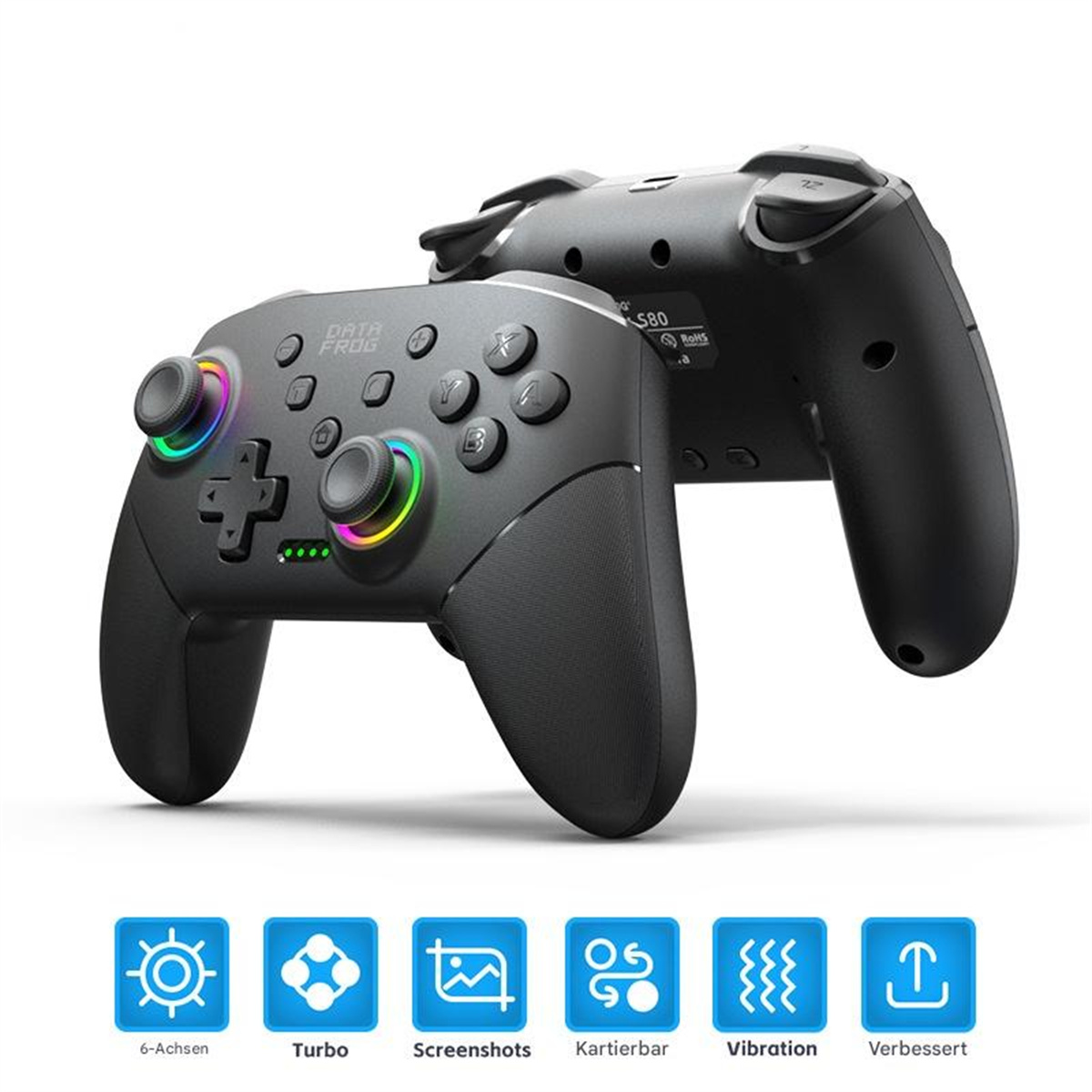 Zwei schwarze Gamecontroller mit bunten Joystick-Ringen, einer auf dem anderen gestapelt.
