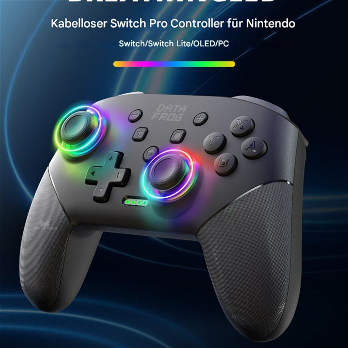 Ein schwarzer Gamecontroller mit leuchtenden, bunten Lichtern um die Tasten. Es hat ein DATA FROG-Logo.