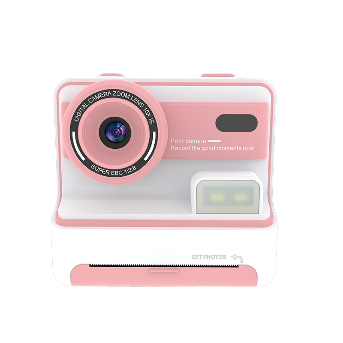 Een roze-witte digitale camera met een lens, flitser en printslot op een witte achtergrond.