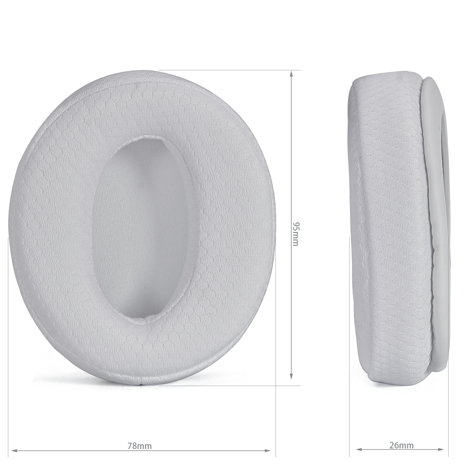 Weißes Ohrpolster mit Abmessungen: 78mm, 95mm, 26mm, Seiten- und Vorderansicht.