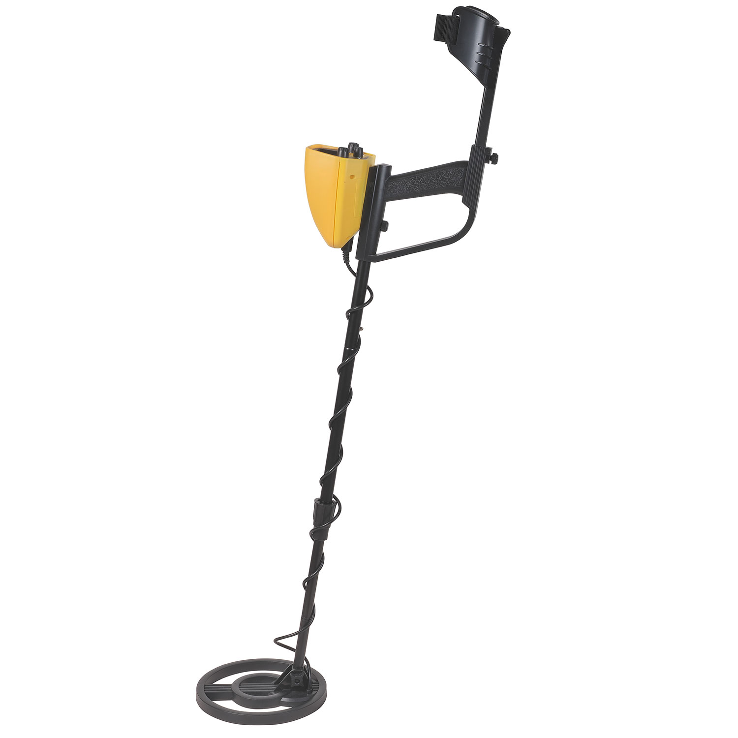 Żółty i czarny wykrywacz metali stoi pionowo, z okrągłą cewką wyszukiwania u dołu.