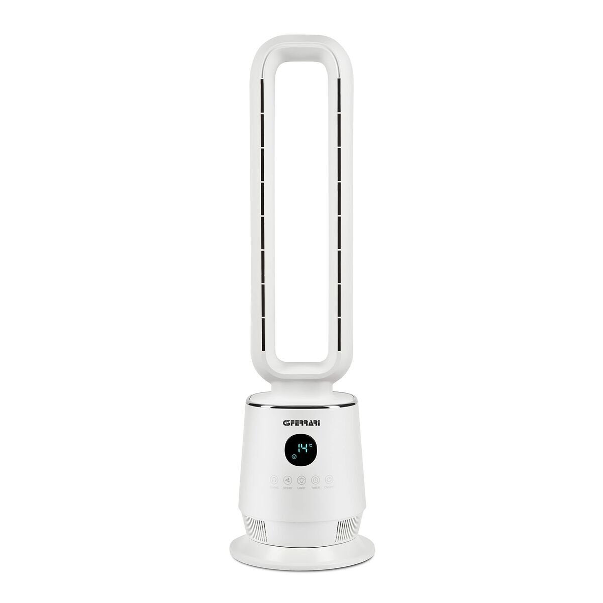 Un ventilatore a torre bianco. Ha una forma ovale e un display digitale con pulsanti funzione.