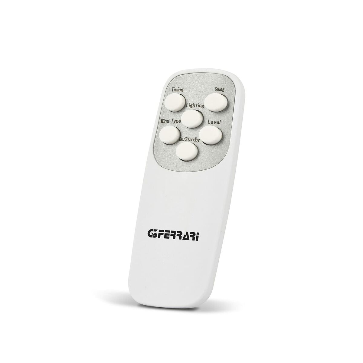Un telecomando bianco con pulsanti: Timing, Wind Type, Lighting, Level e On/Standby. Logo GFerrari.