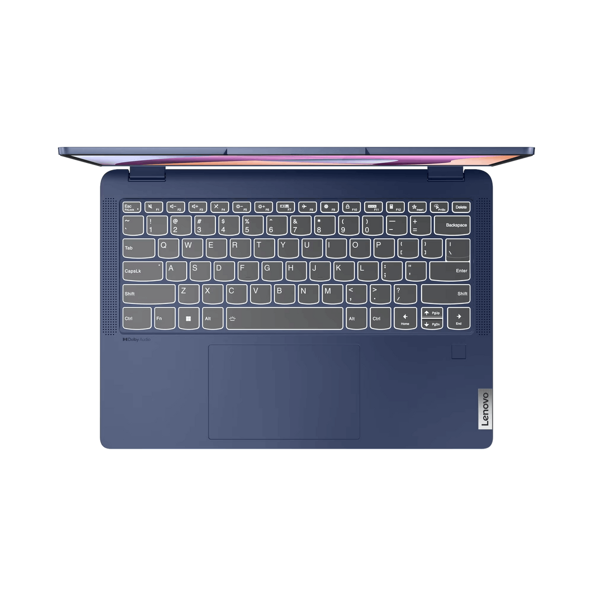 Un laptop blu visto dall'alto con la tastiera visibile. Lo schermo è leggermente aperto. Lenovo è etichettato.