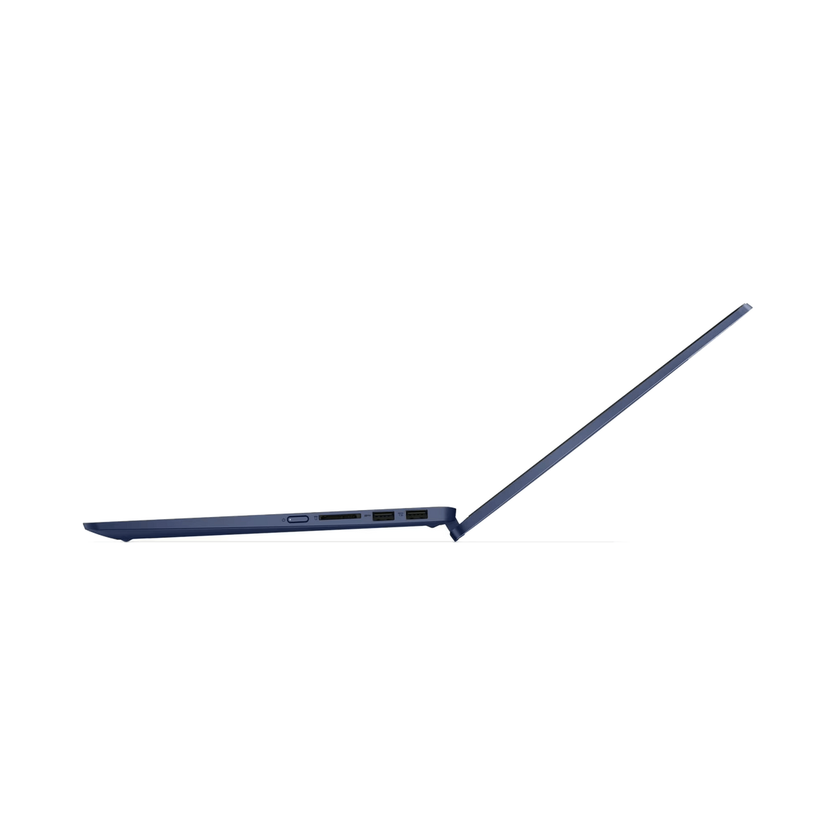 Vista laterale di un laptop blu, che mostra il suo profilo sottile e lo schermo aperto.