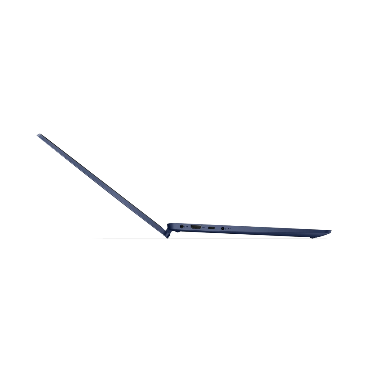 La vista laterale di un laptop blu con lo schermo aperto ad angolo. Il laptop è su una superficie nera.