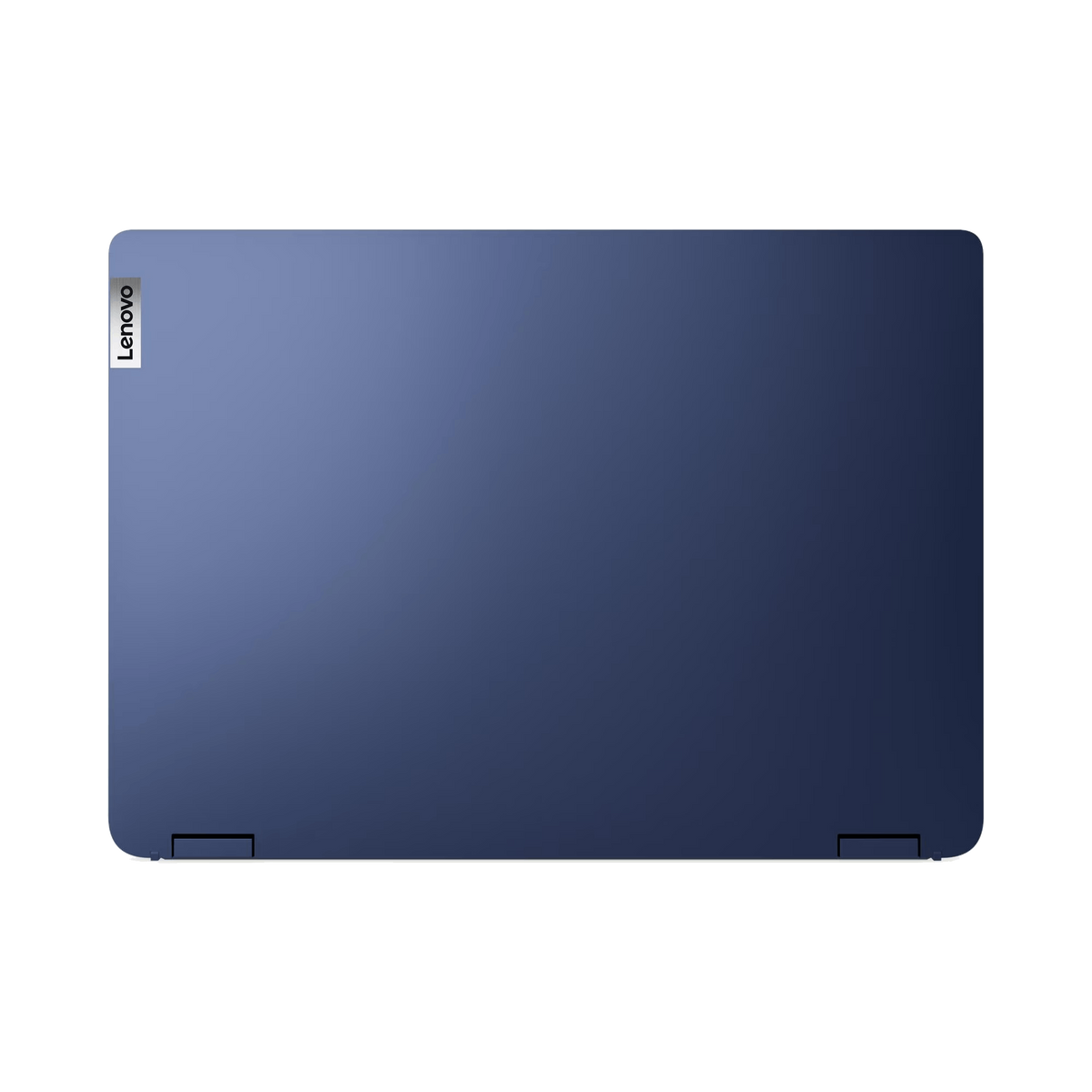 Un laptop Lenovo blu scuro, vista dall'alto. Lo schermo è chiuso. Il logo Lenovo è visibile in alto a sinistra.